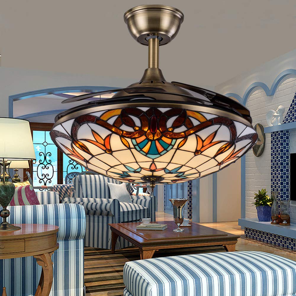 42 Inch Invisible Blade LED Ceiling Fan with Remote - Victorian Style Tiffany Chandelier Light - Semi Flush Mount for Dining Room, Restaurant & Hotel - Energy Efficient Frequency Conversion Technology - Perfect for Indoor Home and Commercial Spaces