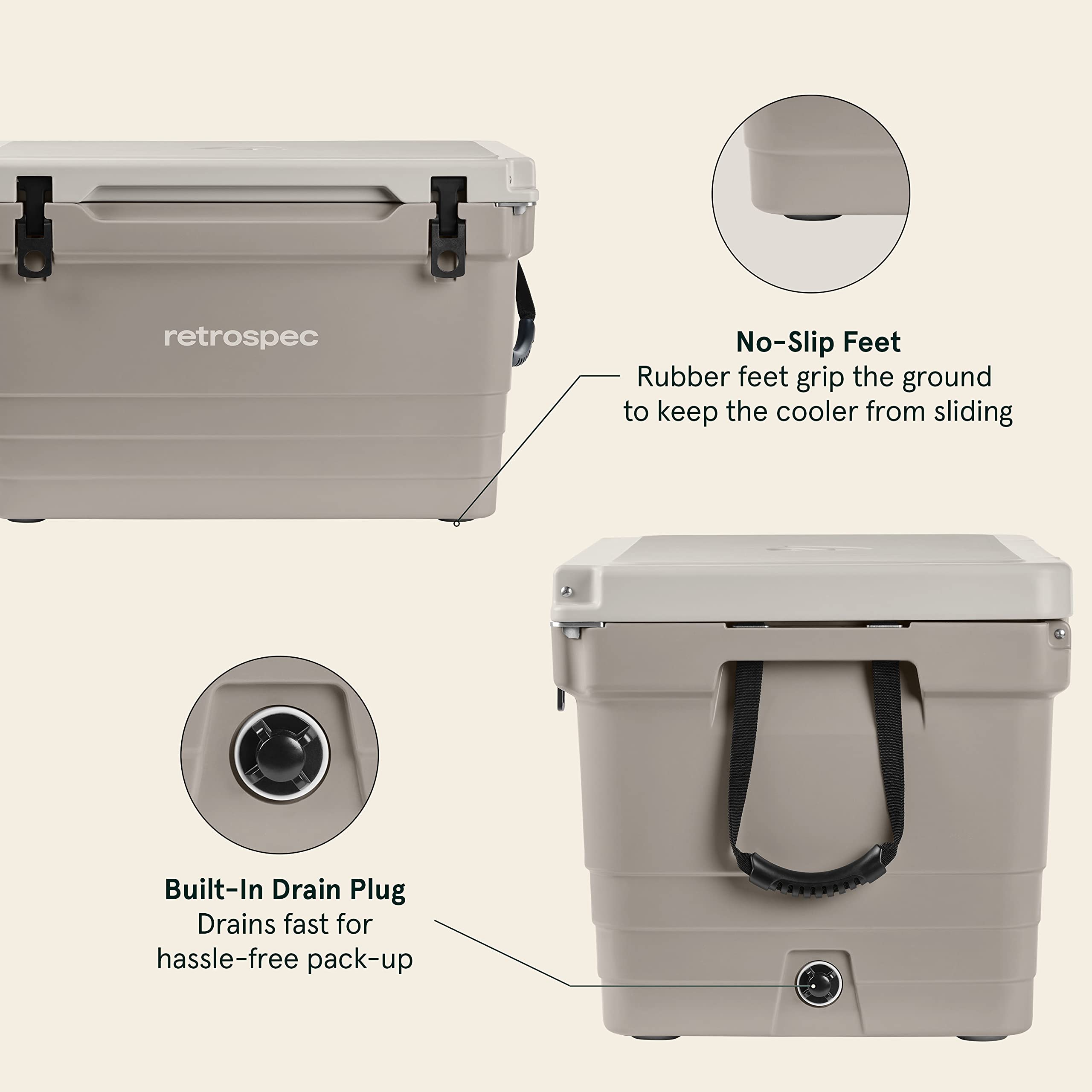 Retrospec Palisade 65 Qt Rotomolded Cooler - Heavy Duty Insulated Ice Chest with Built-in Bottle Opener, Tie-Down Slots & Dry Storage Basket - Perfect for Beach Trips, Camping, Tailgating & Outdoor Adventures - Dune Color