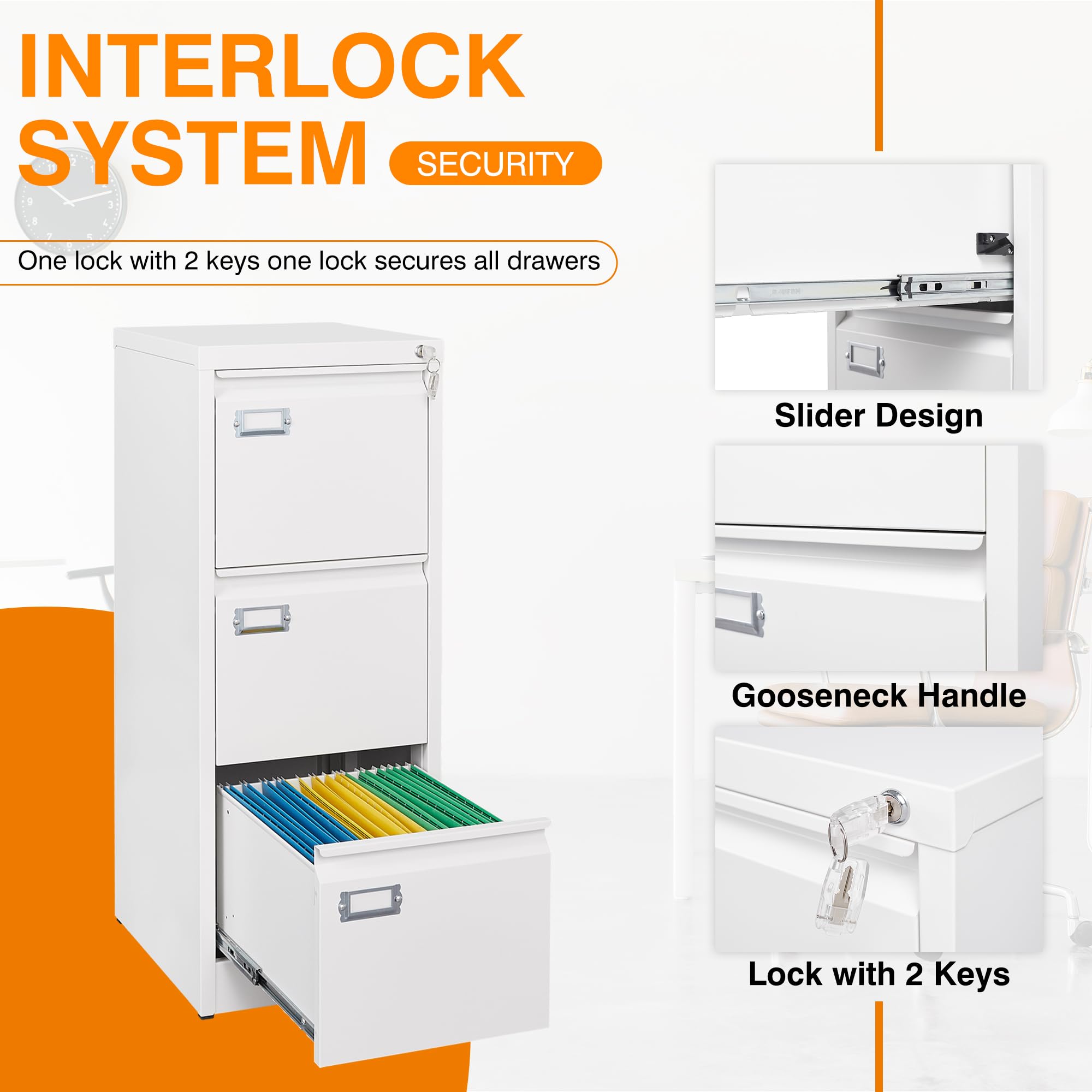 3-Drawer Metal Vertical File Storage Cabinet with Lock - 18