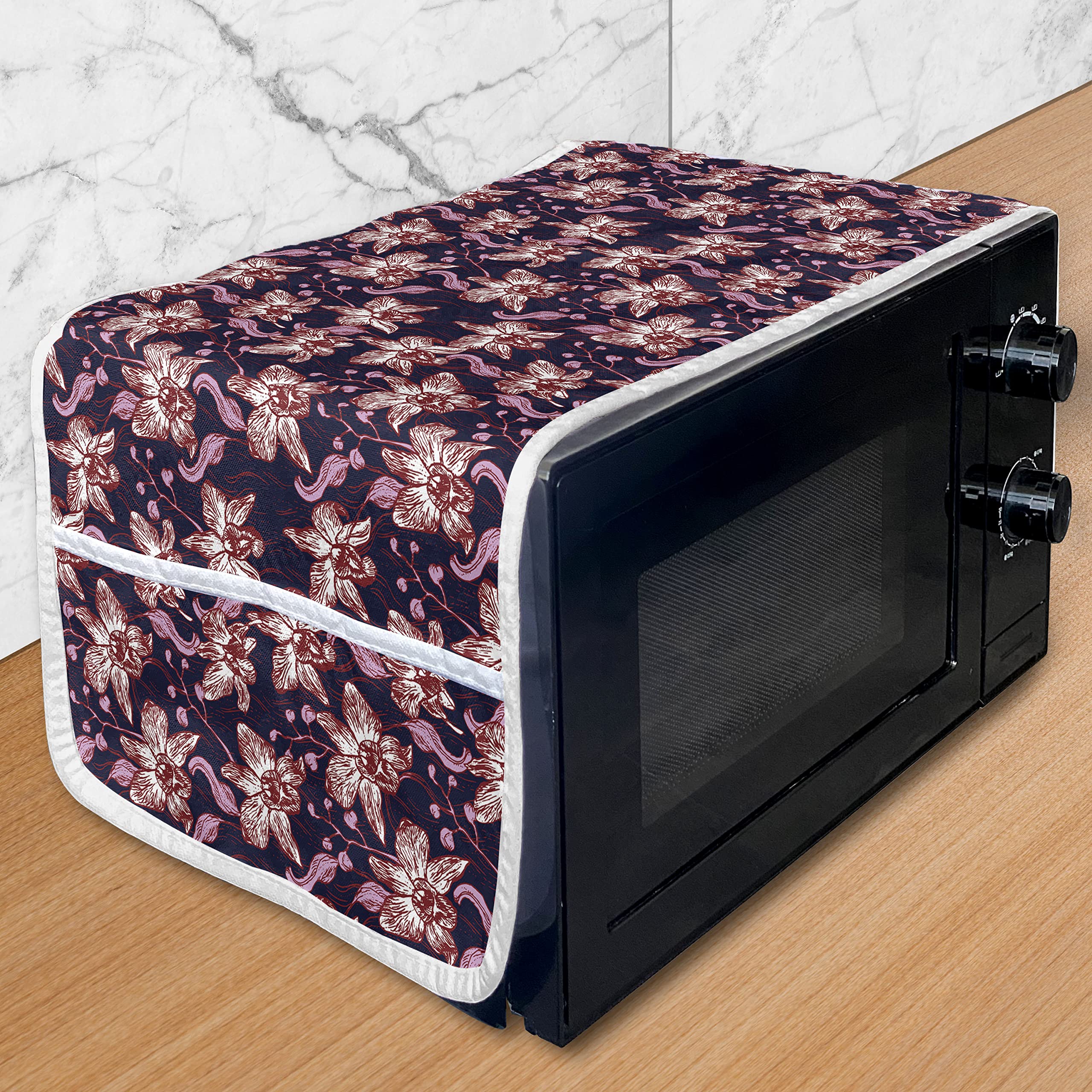 Ambesonne Floral Microwave Cover - Vintage Hand-Painted Orchid & Botanical Design, Waterproof Kitchen Organizer with Pockets, 36