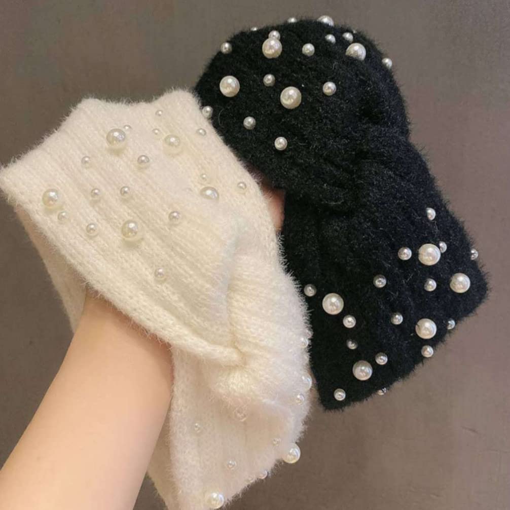 GALPADA Women's Pearl Winter Headband - Fuzzy Crochet Ear Warmer Headband for Women & Girls - Thick Cable Knit Warm Head Wrap for Cold Weather (White) | Perfect for Skiing, Snowboarding & Outdoor Winter Activities