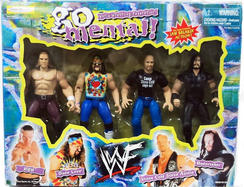 1998 WWF Jakks Pacific Go Mental! Box Set - HHH, Dude Love, Stone Cold Steve Austin & Undertaker Wrestling Action Figures [Exclusive Collectible] - Perfect for WWE Fans, Display & Nostalgic Wrestling Memorabilia Collection