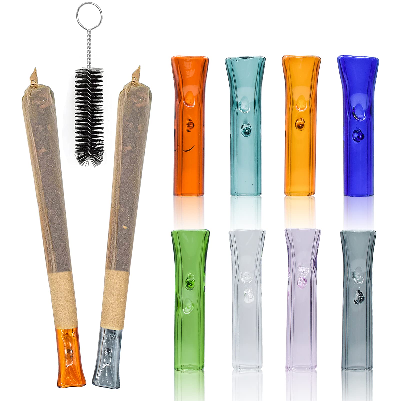 10 Pack Colorful Glass Filter Tips for Rolling Papers - Reusable Flat Mouthpiece with Cleaning Brush (1.37 x 0.27 Inch) - Easy to Clean & Durable - Perfect for Smoking Accessories & Herbal Blends (Random Colors)