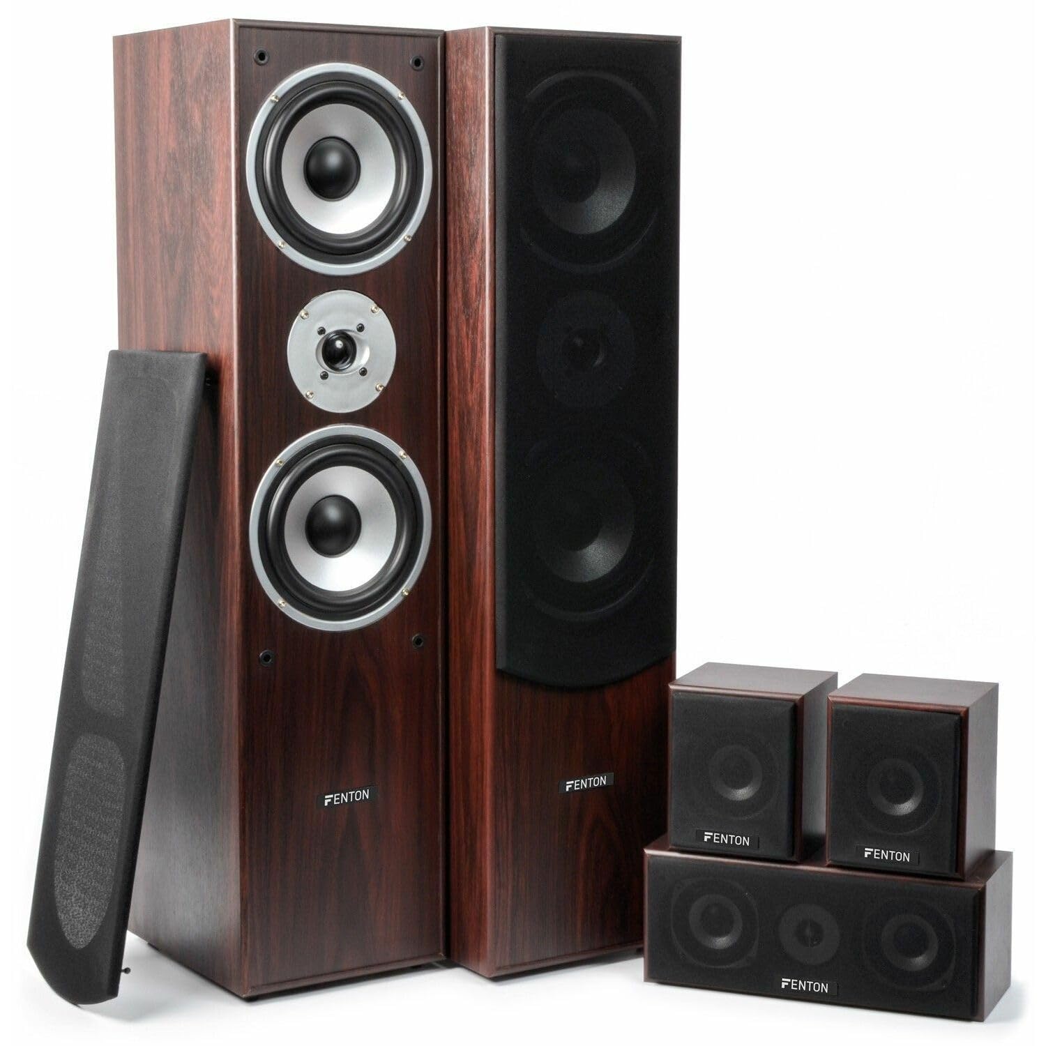 Fenton HF5W 5.0 Home Theater Speaker System - 335W Walnut Wood Bookshelf Speakers (Set of 5) - High-Quality Audio for Movies, Music & Gaming - Perfect for Living Room, Home Theater & Entertainment Spaces