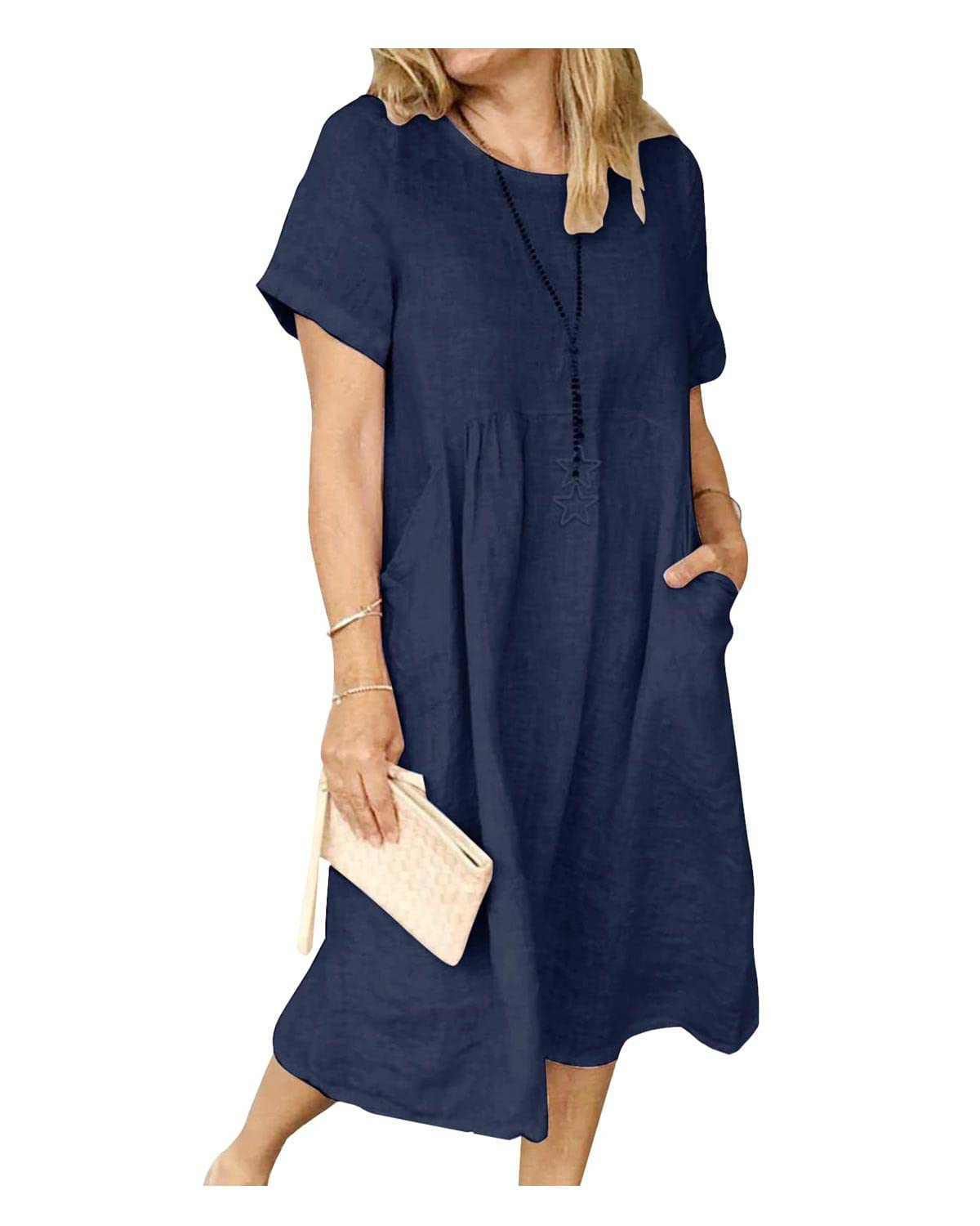Cyparel Women's Summer Cotton Linen Casual Dress - Short Sleeve Loose Fit Pocket Dress for Beach, Vacation & Everyday Wear