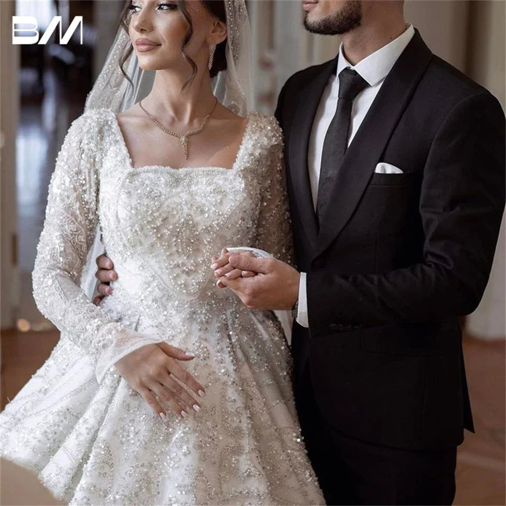 Elegant Square Neck Long Sleeve Beaded Wedding Dress - Custom Made Bridal Gown with Embroidery & Pearls for Bride | Perfect for Church Ceremony, Ballroom Reception, and Formal Wedding Events
