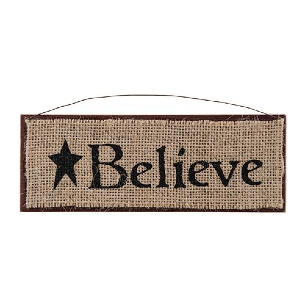 Rustic Burlap and Wood 'Believe' Wall Decor Sign - 8x3 Inches - Farmhouse Home Decor for Living Room, Bedroom, or Entryway