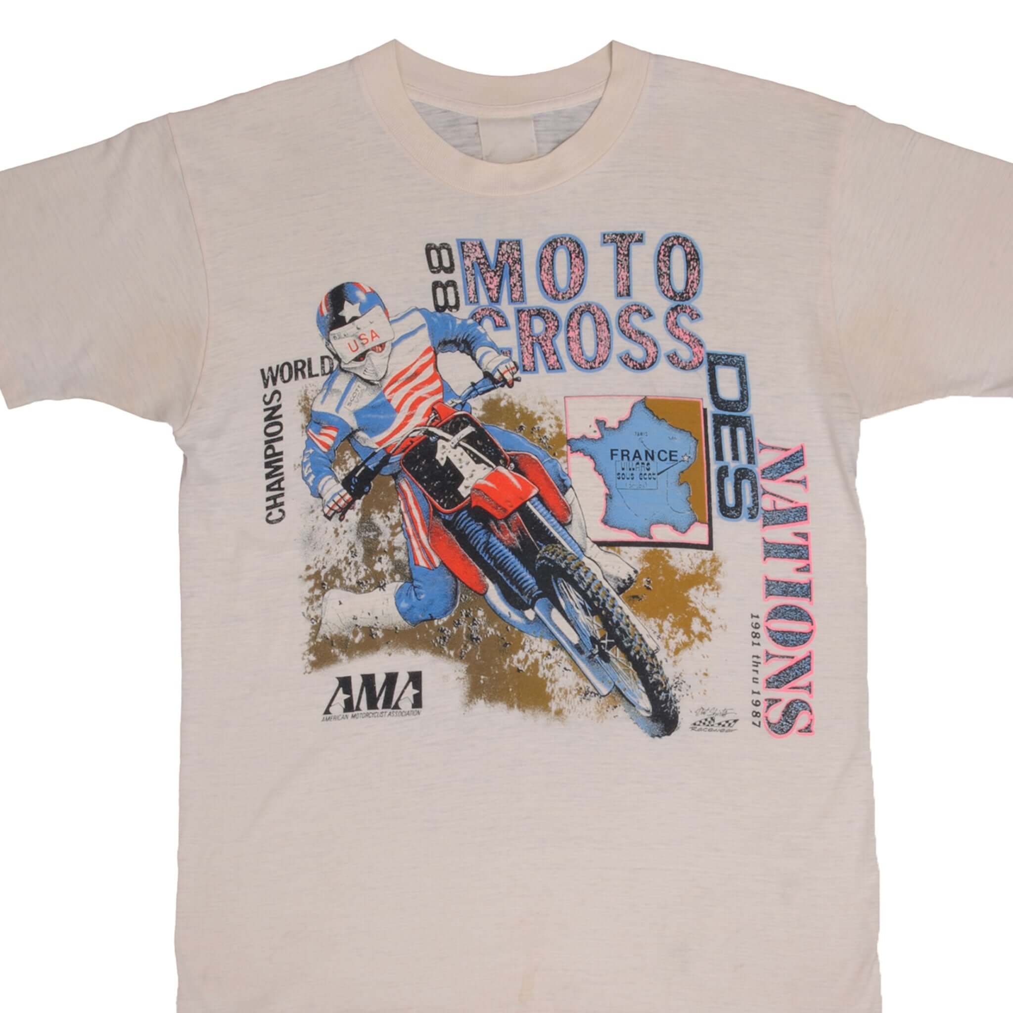 Vintage AMA Motocross Team USA 1987 Tour France T-Shirt - Medium Size | Retro Motorcycle Racing Tee for Fans & Collectors