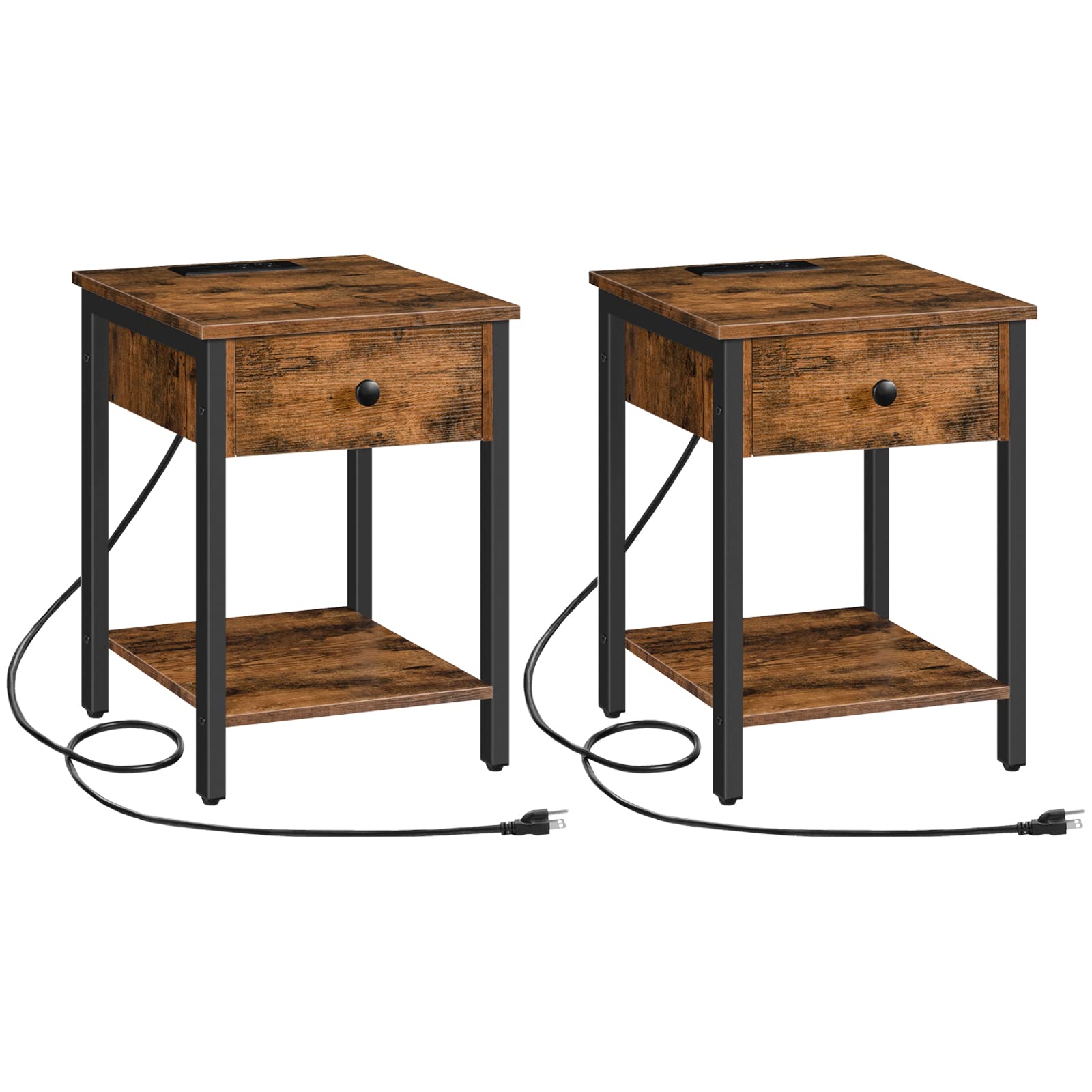 HOOBRO Set of 2 Modern End Tables with Wireless Charging Station, USB Ports & Drawer - Nightstand with Storage Shelf for Small Spaces - Rustic Brown & Black Bedside Tables for Bedroom, Living Room, Office (Model BF401BZP201) | Perfect for Charging Devices, Storing Books & Decorating Compact Spaces