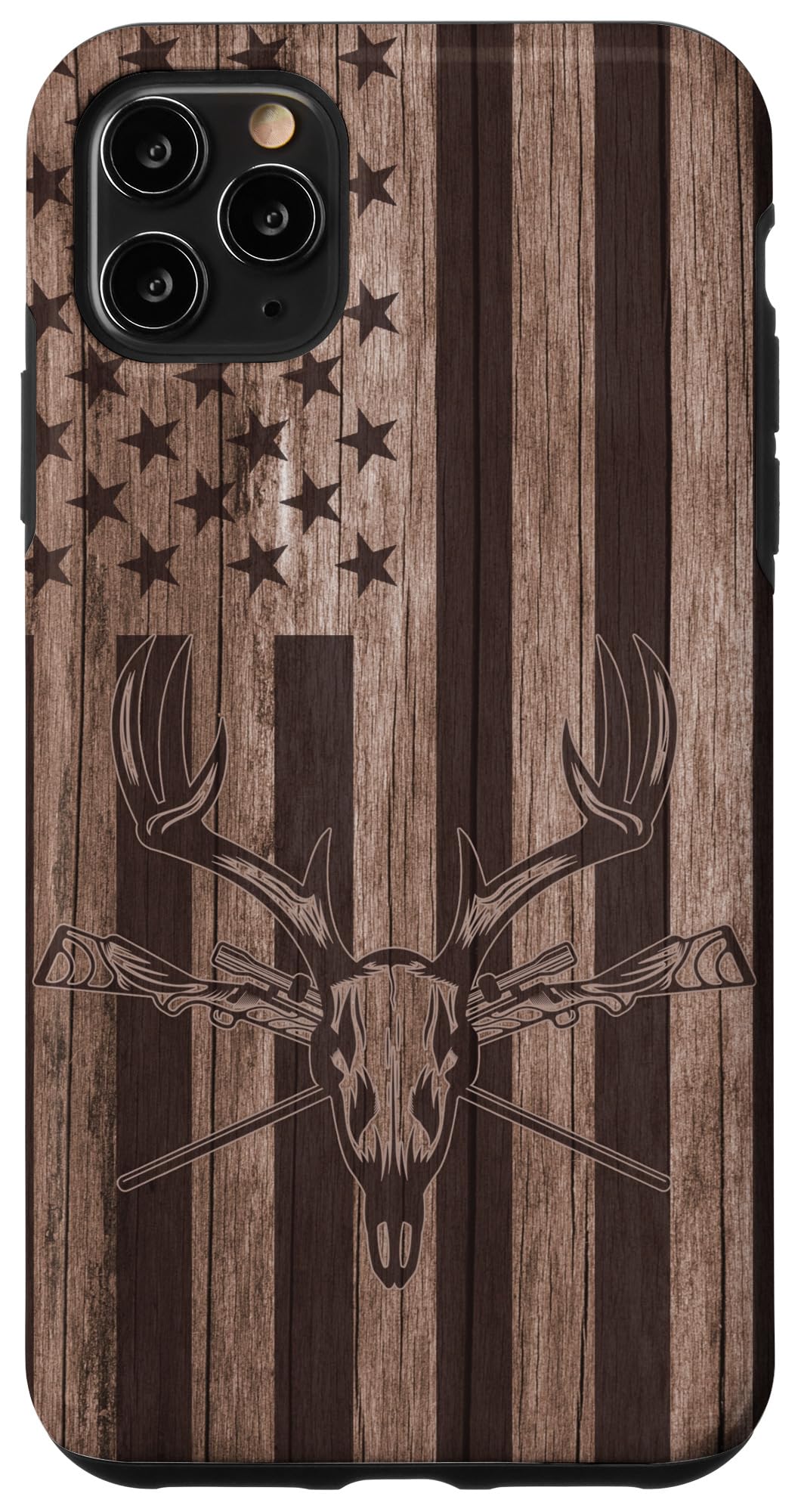 iPhone 11 Pro Max Case - Premium Wooden Hunting Design with Whitetail Deer & American Flag - Perfect for Outdoor Enthusiasts and Patriotic Hunters - Ideal for Hunting Trips, Camping, and Everyday Use