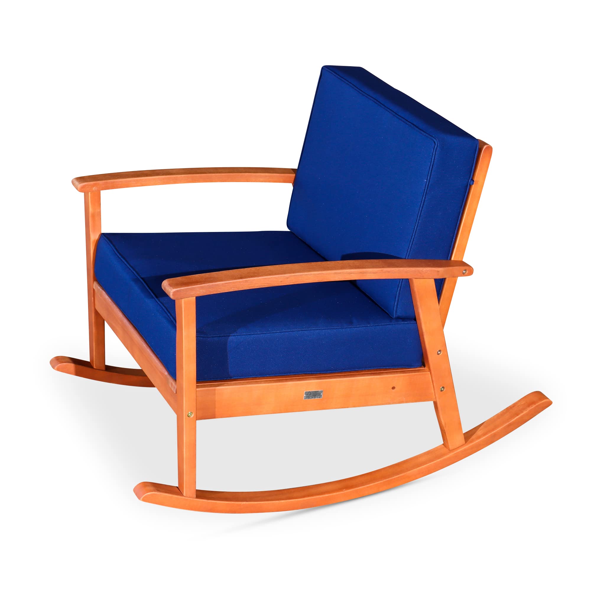 DTY Outdoor Living Longs Peak Deep Seat Eucalyptus Rocker - Natural Oil Finish, Navy Cushions | Patio Rocking Chair for Porch, Garden & Backyard Relaxation