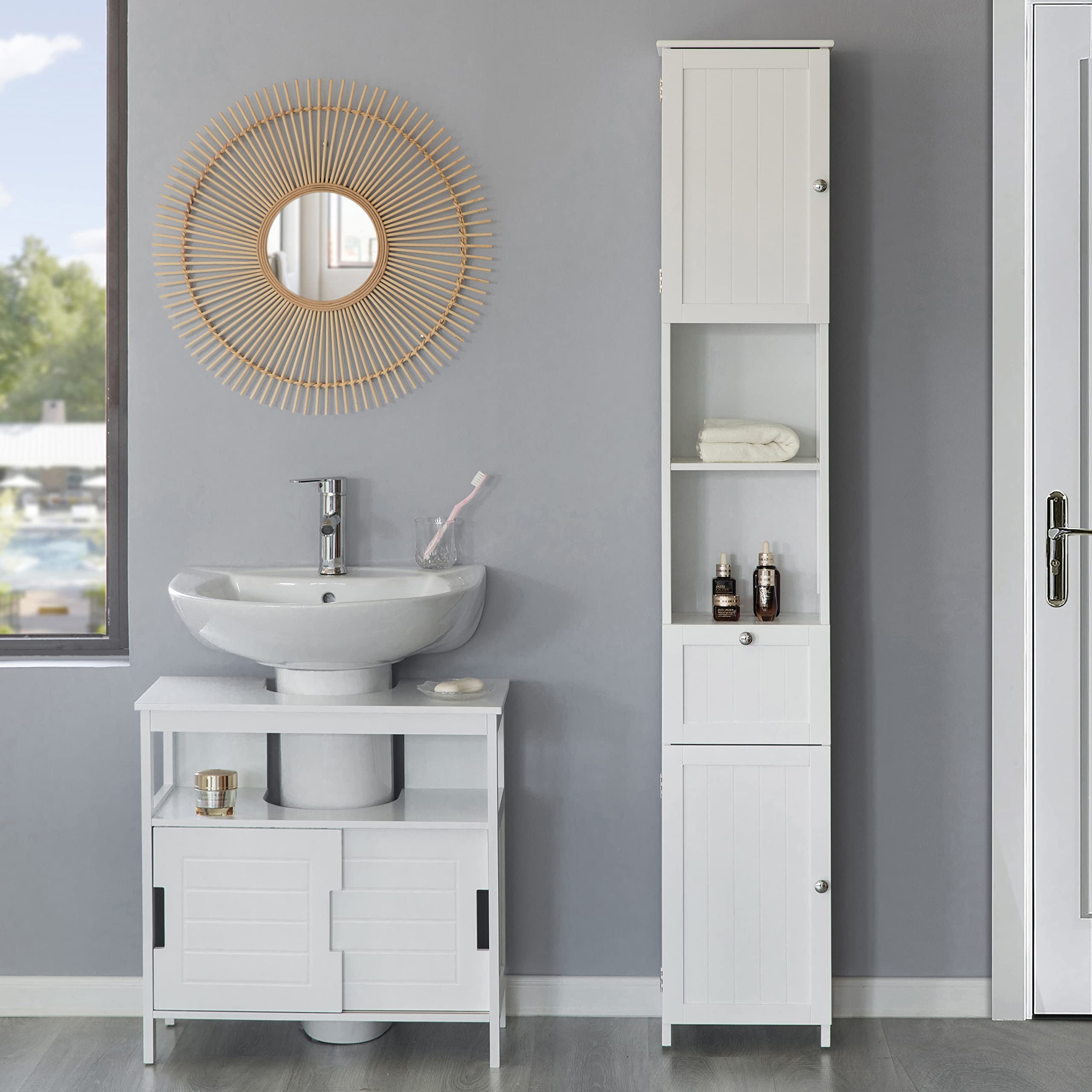 Basicwise White Tall Standing Linen Tower Storage Cabinet - Organize Bathroom & Vanity Essentials - Perfect for Towels, Toiletries & Cosmetics Storage