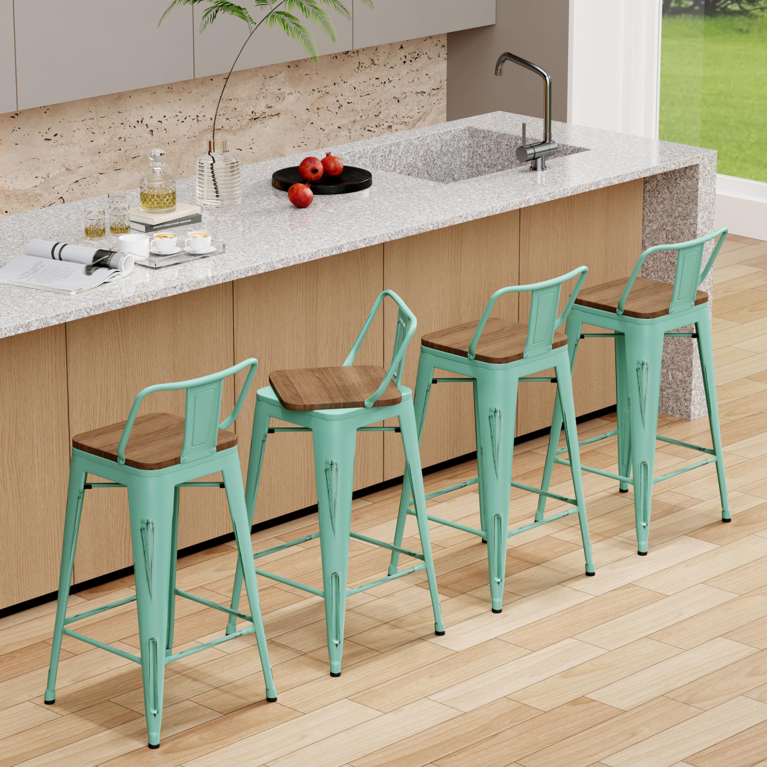 24 Inch Bar Stools Set of 4 - Counter Height Swivel Bar Chairs with Back Support, Metal Frame Kitchen Stools in Blue - Perfect for Home Bar, Kitchen Island & Breakfast Nook