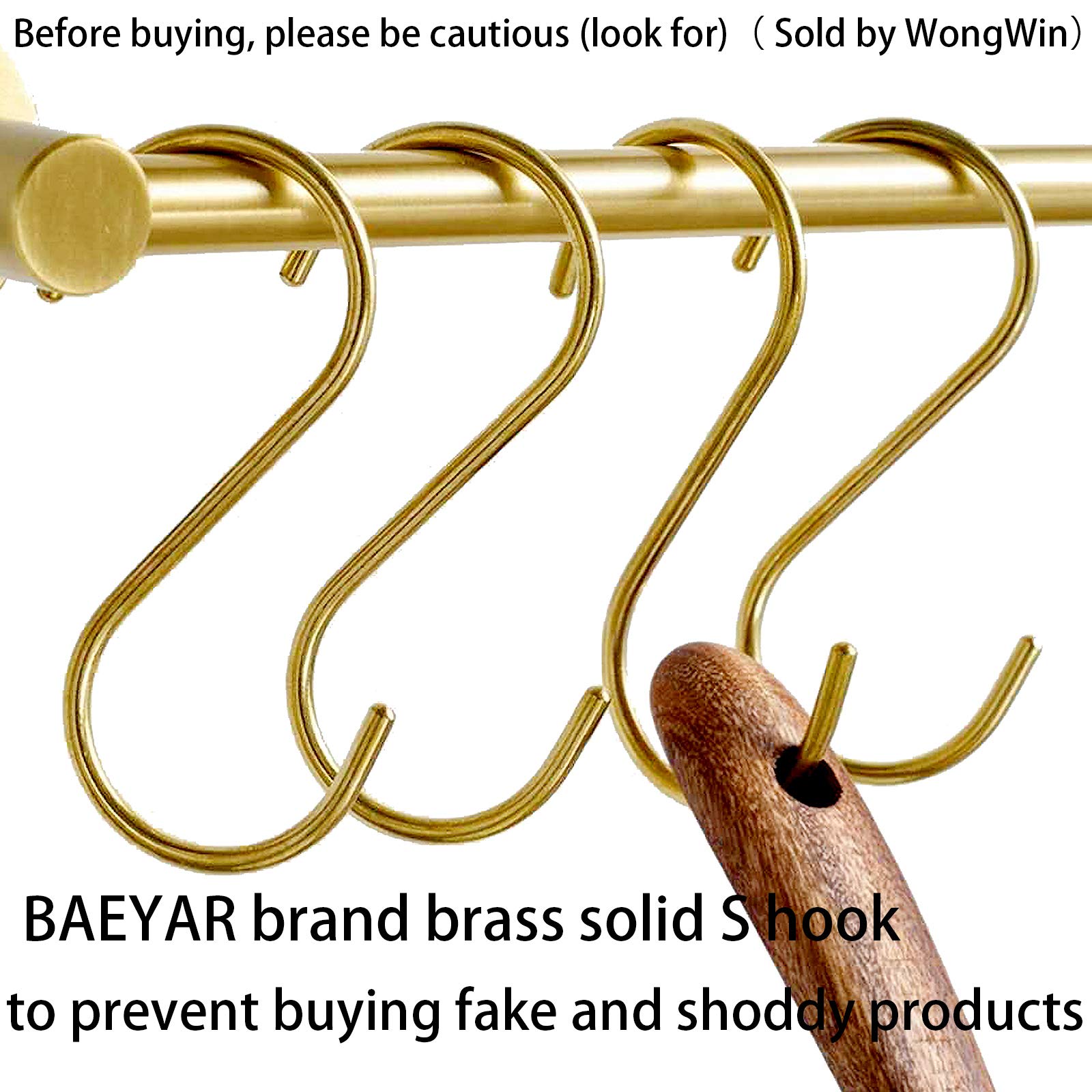 BAEYAR 4-Pack Brass S Hooks, Gold S-Shaped Hooks for Bathroom, Closet, Kitchen, Flower Basket & Outdoor Use - Heavy Duty Decorative Hanging Hooks for Towels, Plants, Keys & Home Organization