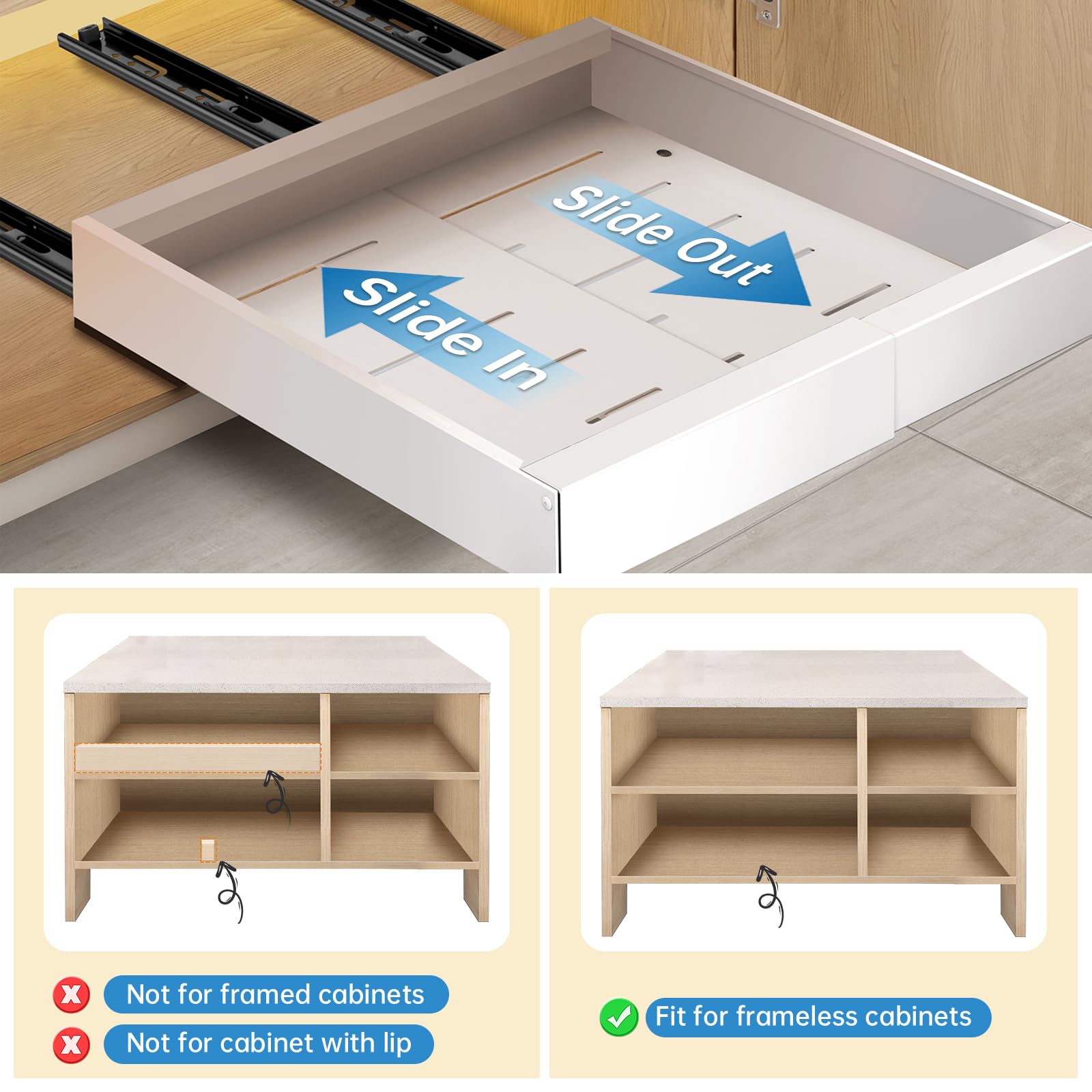 Expandable Pull Out Cabinet Organizer - 2 Pack Heavy Duty Adhesive Slide Out Drawers for Kitchen, Pantry & Bathroom Storage | Space Saving Sliding Shelves for Cabinets (Not for Cabinets with Lips) | Perfect for Organizing Spices, Utensils & Toiletries