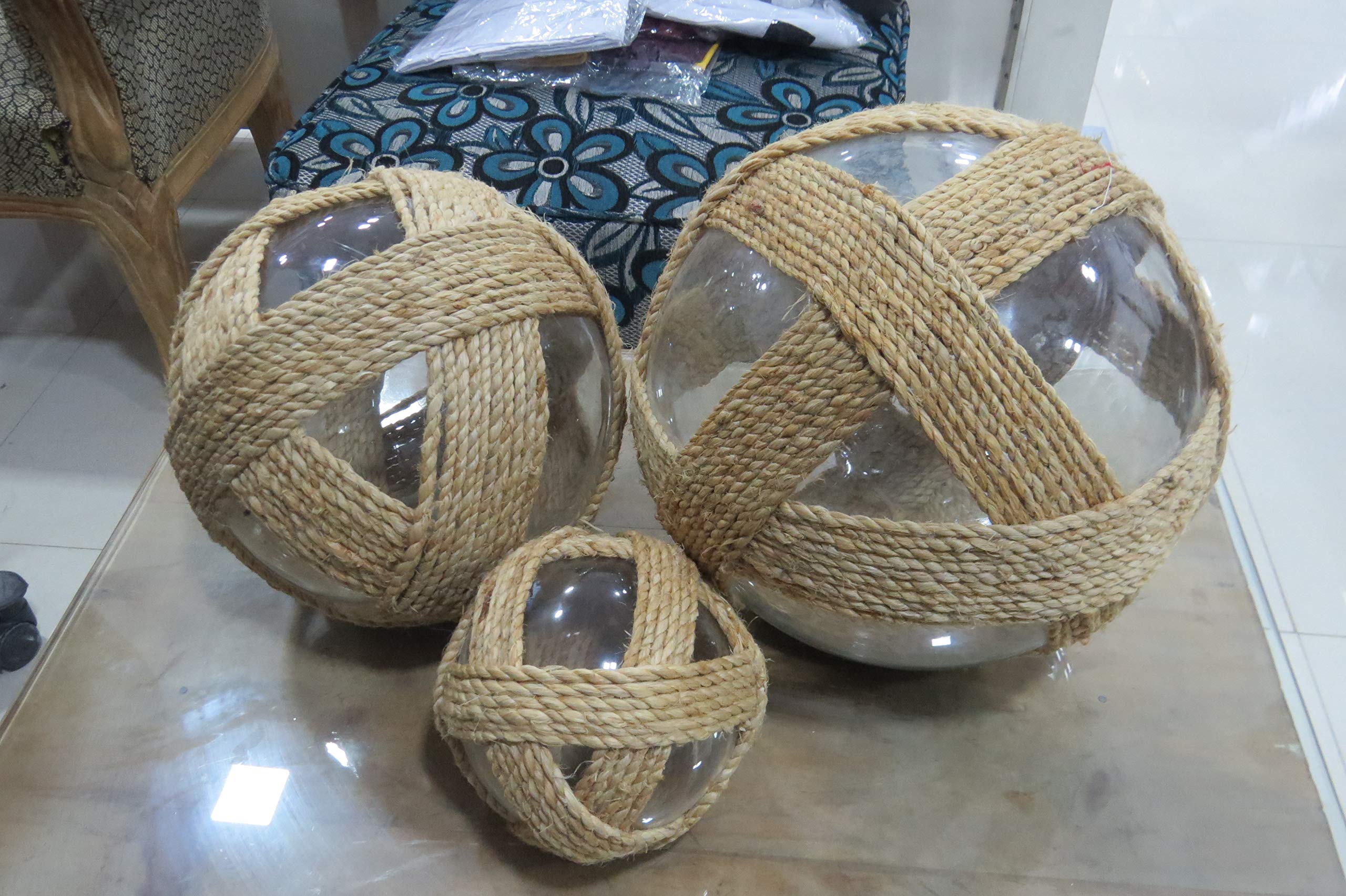 Natural Jute Rope Hanging Glass Ball Decor - Set of 3 Clear Window Ornaments for Boho Home Decor, Wedding Centerpieces & Garden Party Decorations
