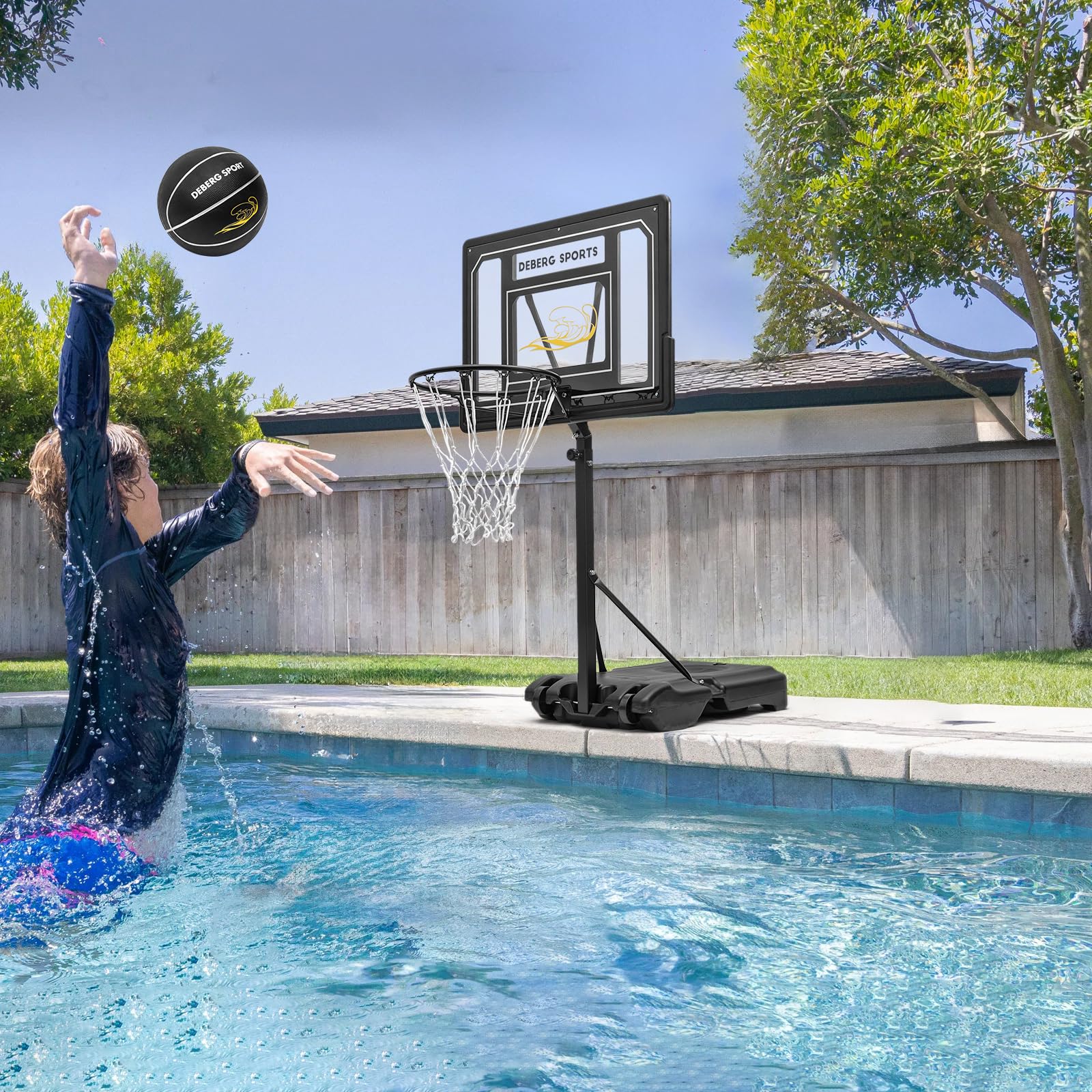 DEBERG Adjustable 3-4ft Portable Pool Basketball Hoop Set with Wheels, Shatterproof Backboard, Ball & Air Pump - Perfect for Backyard Swimming Pool Games, Summer Water Fun & Family Outdoor Activities