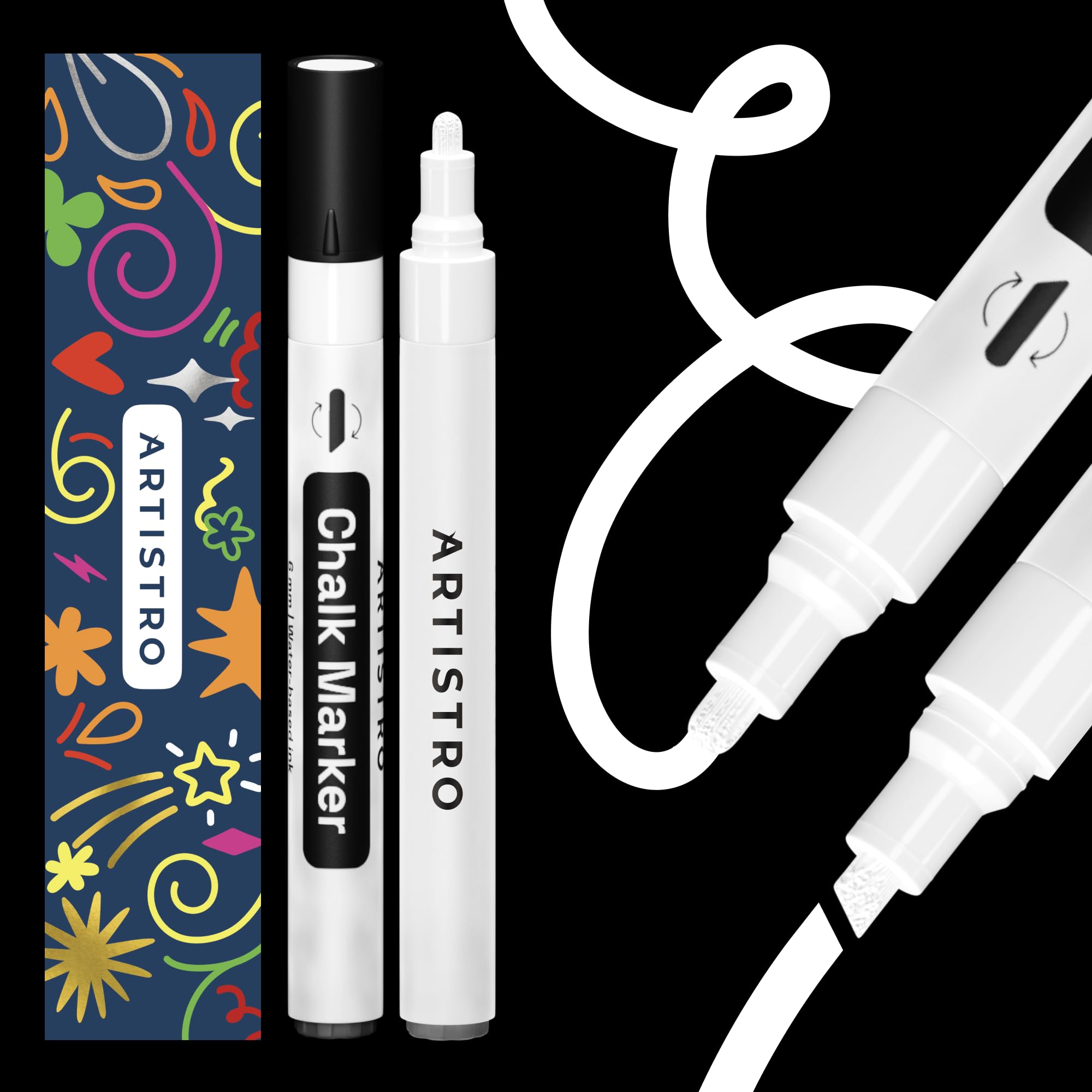 ARTISTRO 2-Pack White Liquid Chalk Markers - Erasable Chalkboard Pens with 6mm Reversible Tip for Blackboard, Glass, Car Windows & More - Perfect for Restaurants, Bistros, Signage & DIY Projects
