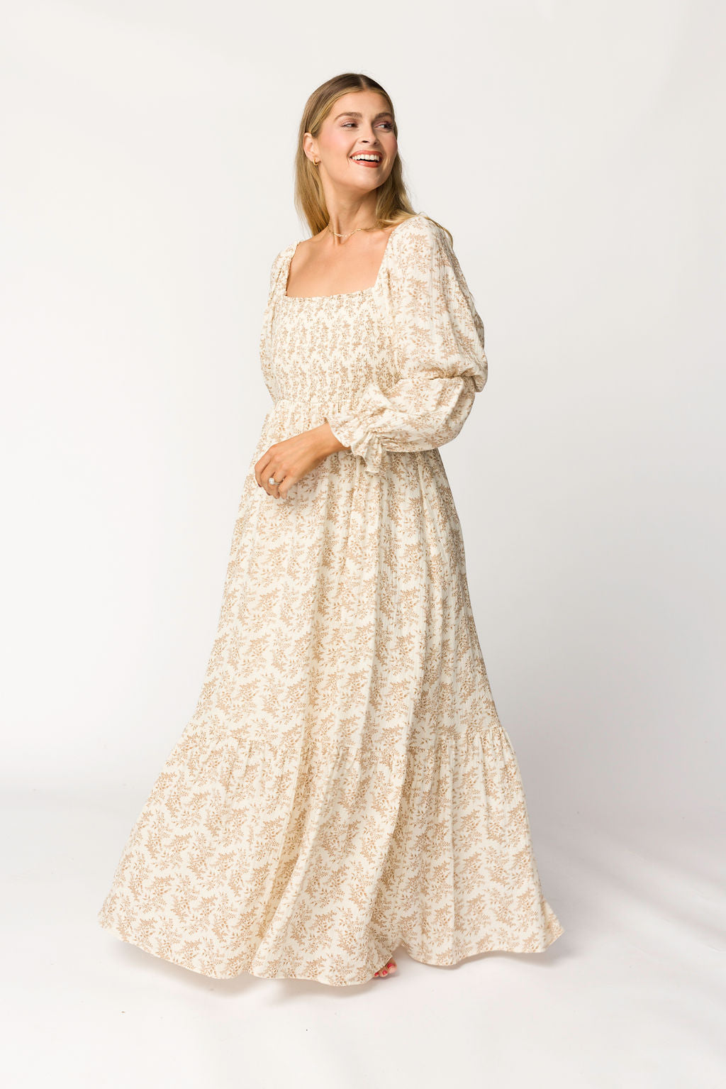 Emerson 100% Cotton Gauze Maxi Dress - Natural/Tan Floral Print, Bump Friendly Maternity Dress for Women | Boho Summer Beach Dress, Pregnancy Photoshoot, Casual Outfit
