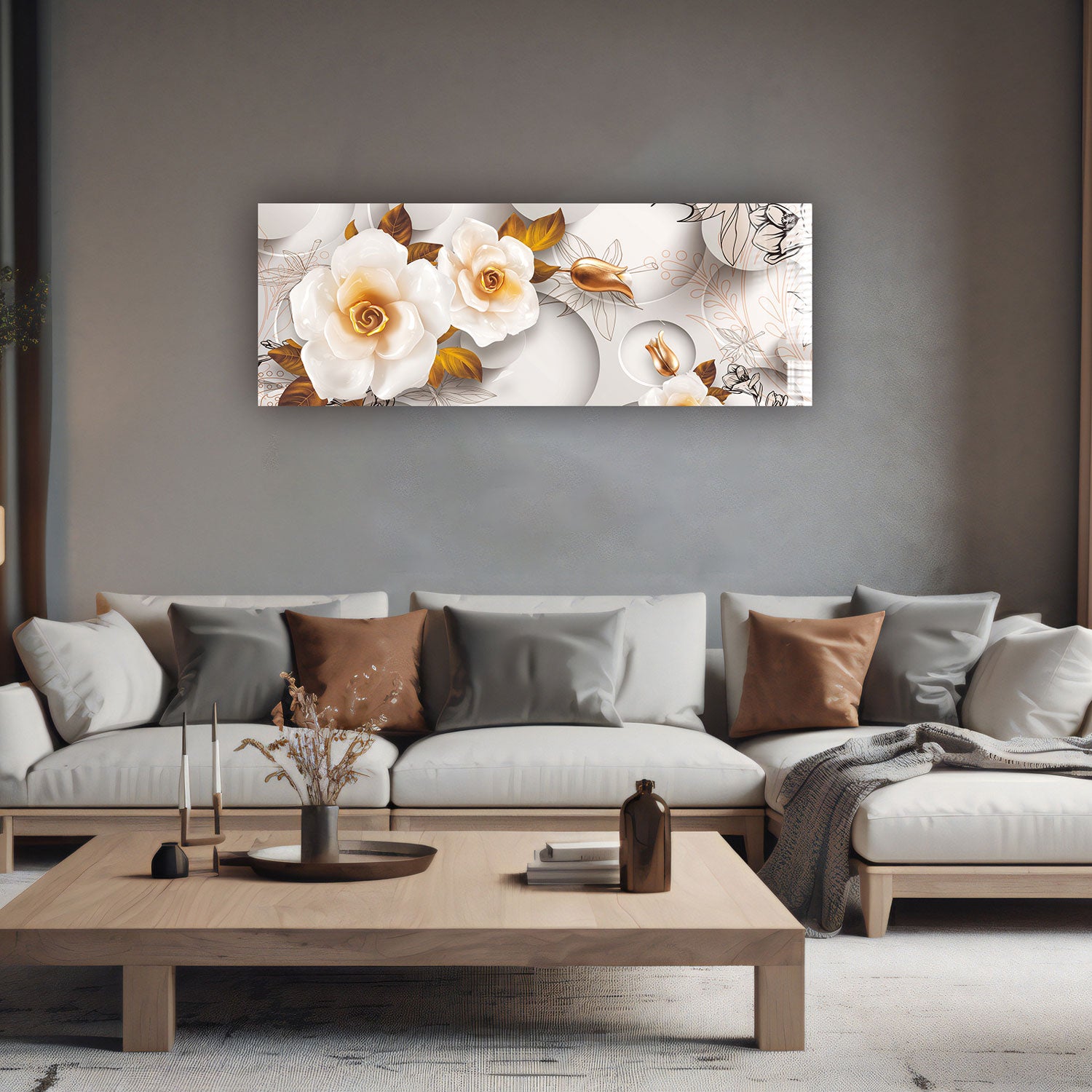 White Rose Panoramic Wall Art - Elegant Home Decor for Living Room, Bedroom & Office - Perfect for Gifts & Interior Design