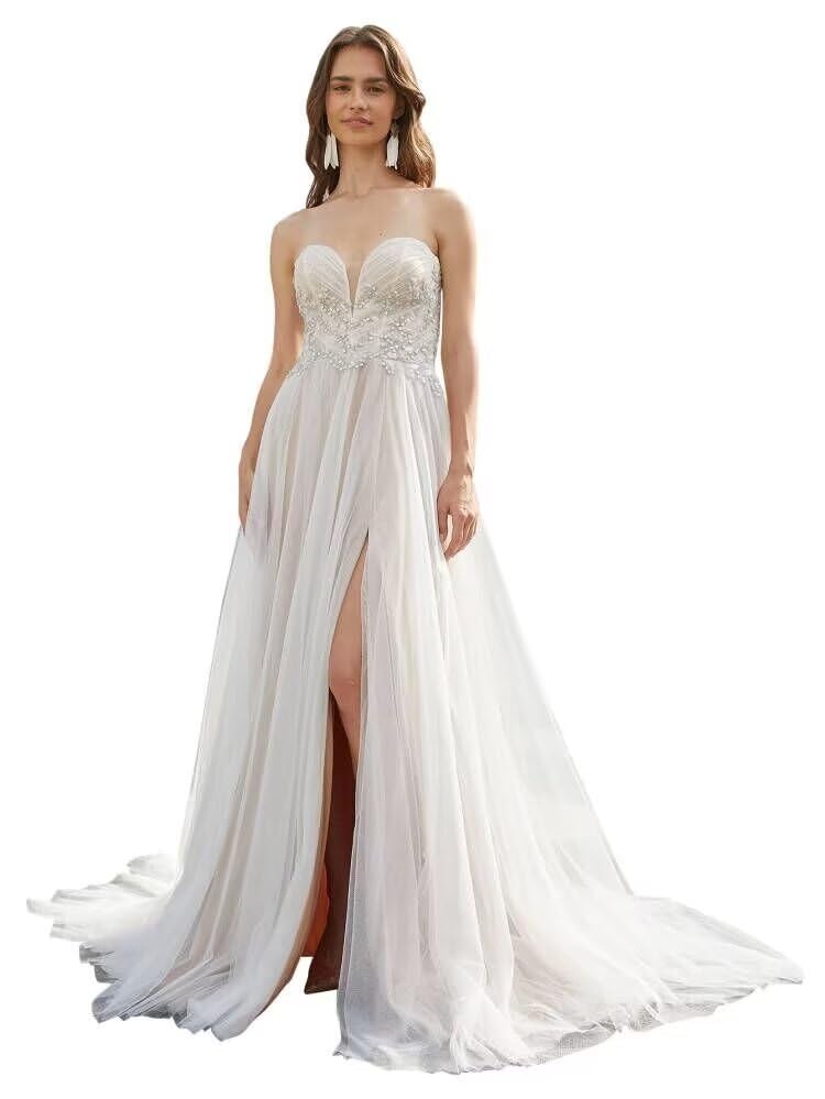 Strapless Tulle Appliques Ball Gown Wedding Dress for Bride - Elegant Long Formal Bridal Gown for Women | Perfect for Church Ceremony, Beach Wedding & Evening Reception