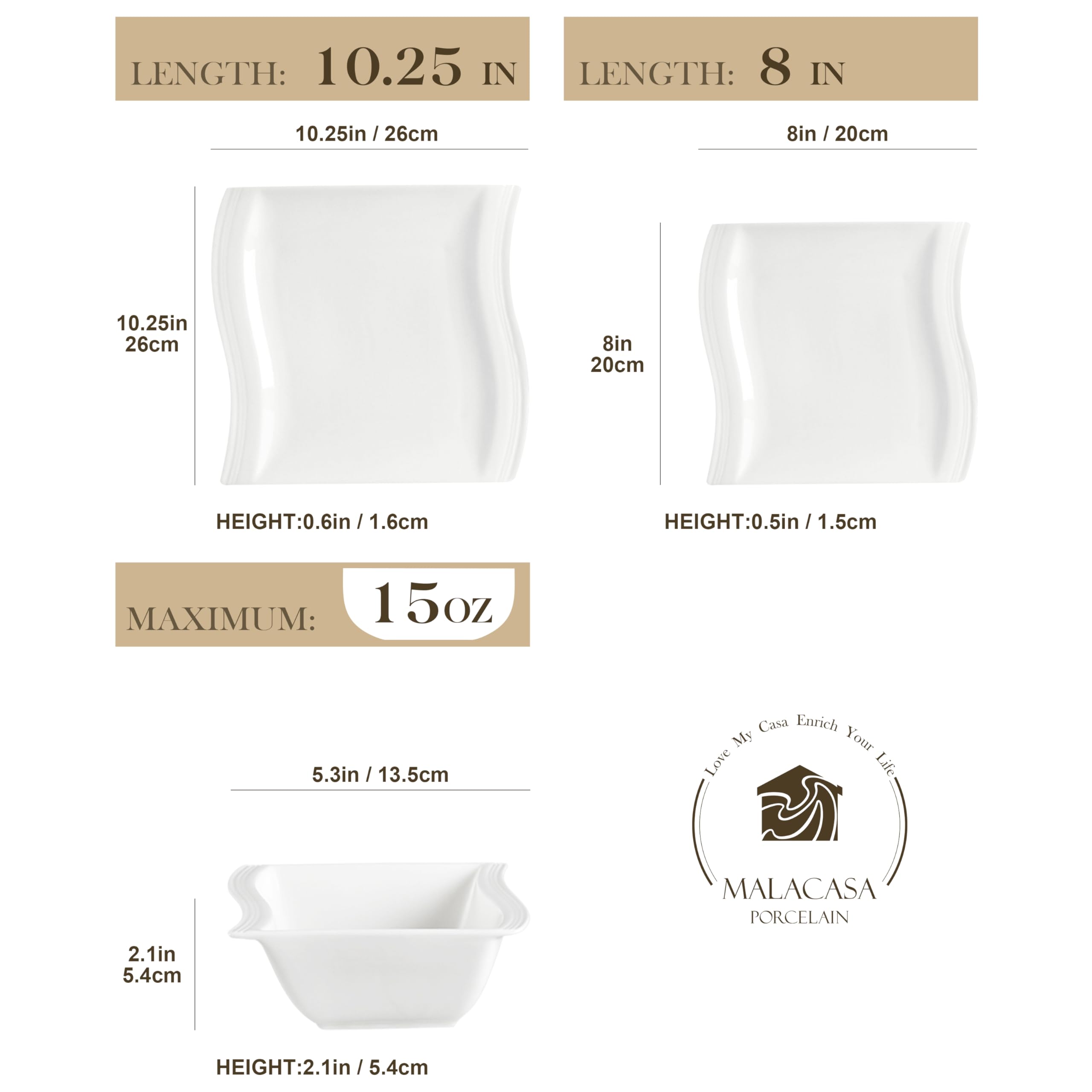 MALACASA 12-Piece Ivory White Porcelain Dinnerware Set for 4 - Square Plates, Bowls & Dessert Plates | Elegant Flora Series | Perfect for Daily Meals, Dinner Parties & Home Decor