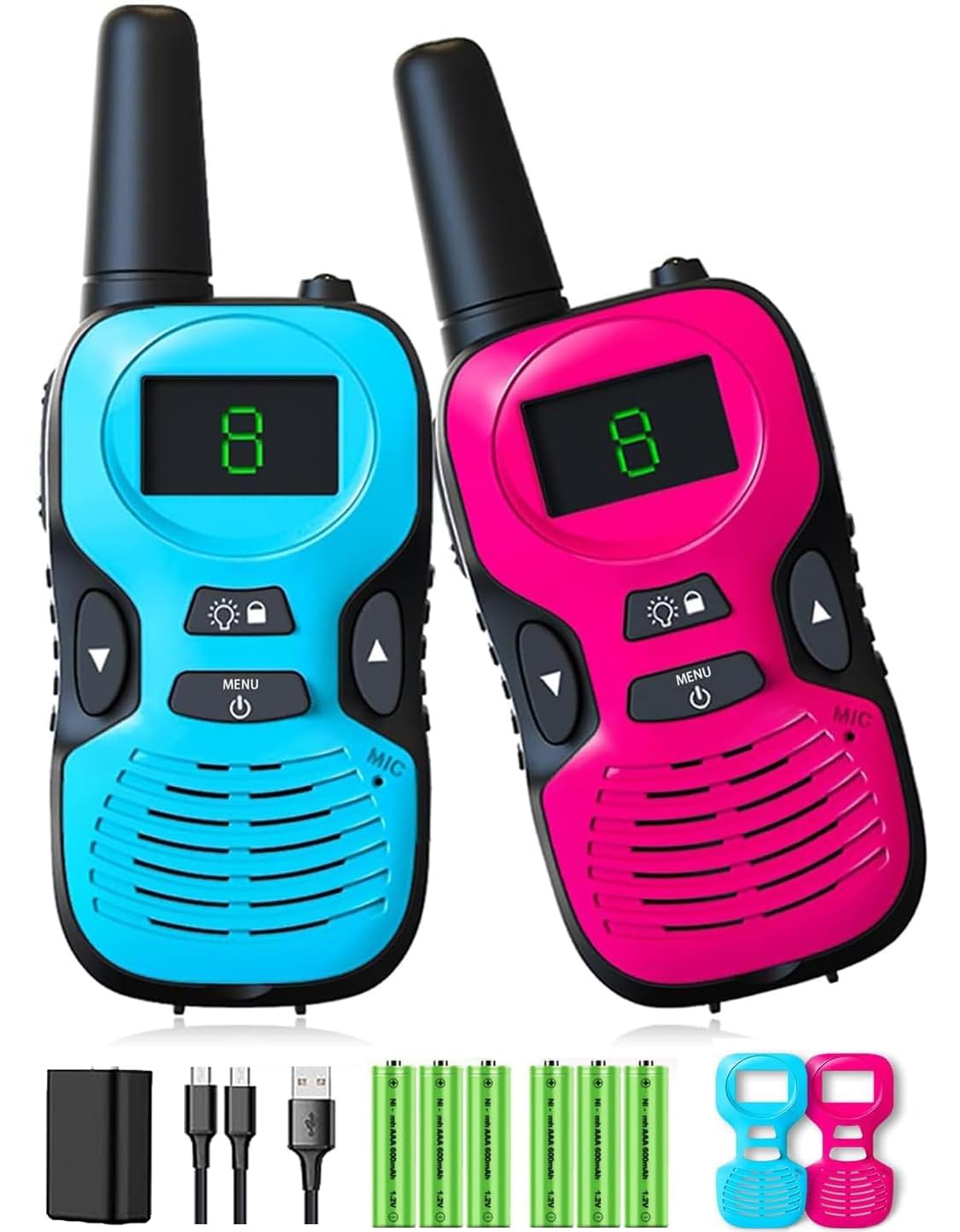 Long Range Walkie Talkies for Kids - Rechargeable 2 Pack with Replaceable Shells, Backlit LCD & Flashlight - 3 Mile Range - Perfect for Outdoor Adventures, Camping, and Playtime - Toys for Boys and Girls Ages 5-7