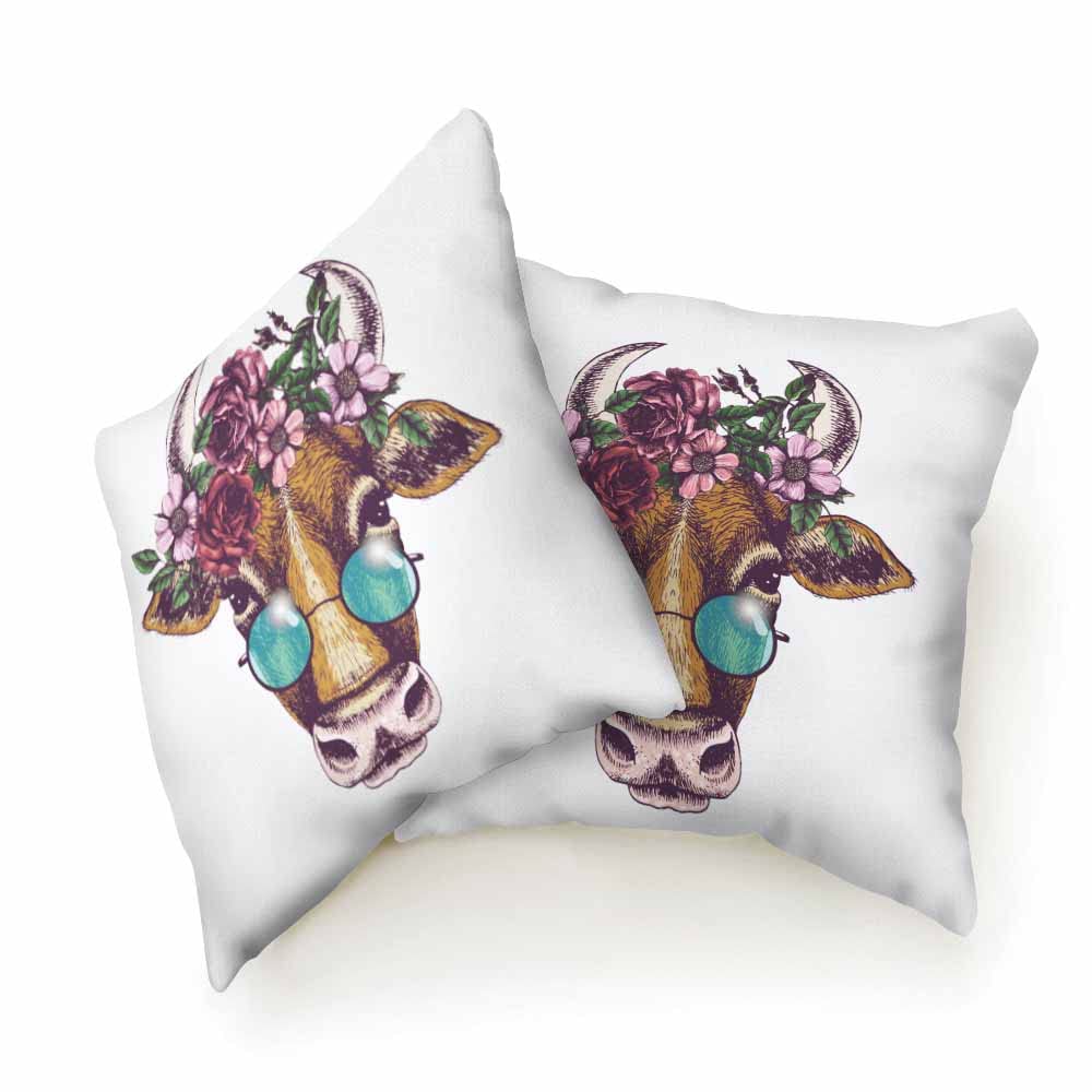 Fashion Cow with Rose Floral Green Leaves Wreath & Sunglasses Throw Pillow Covers - Set of 2 Square Decorative Cushion Covers 18x18 Inch for Sofa, Bed, Living Room - Perfect Home Decor for Men & Women