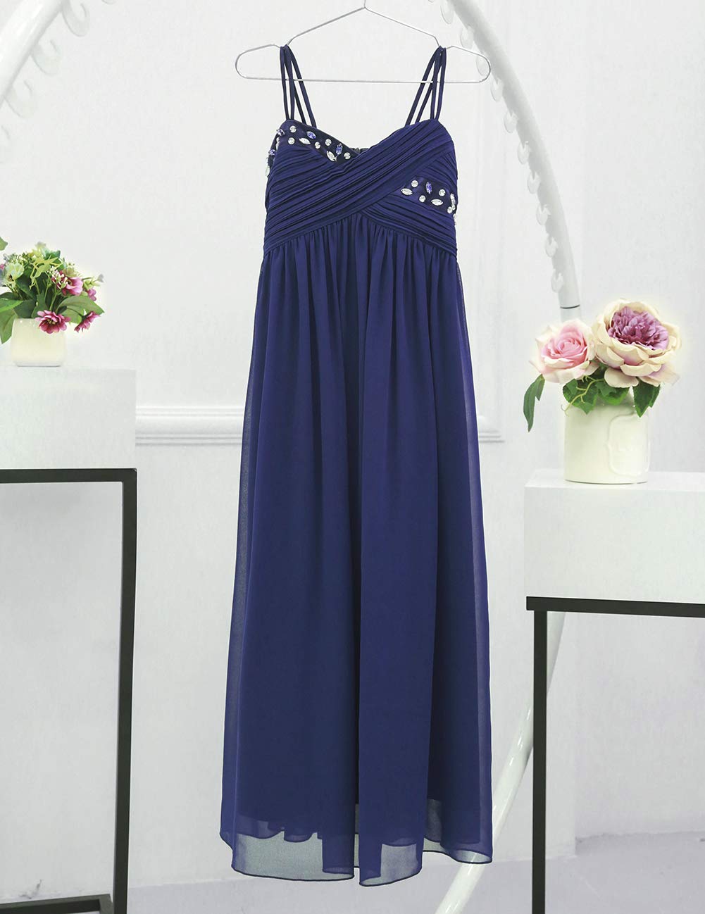 ACSUSS Girls Spaghetti Straps Sweetheart Rhinestone Wedding Pageant Bridesmaid Flower Dress - Formal Long Gown for Prom, Quinceañera & Special Occasions