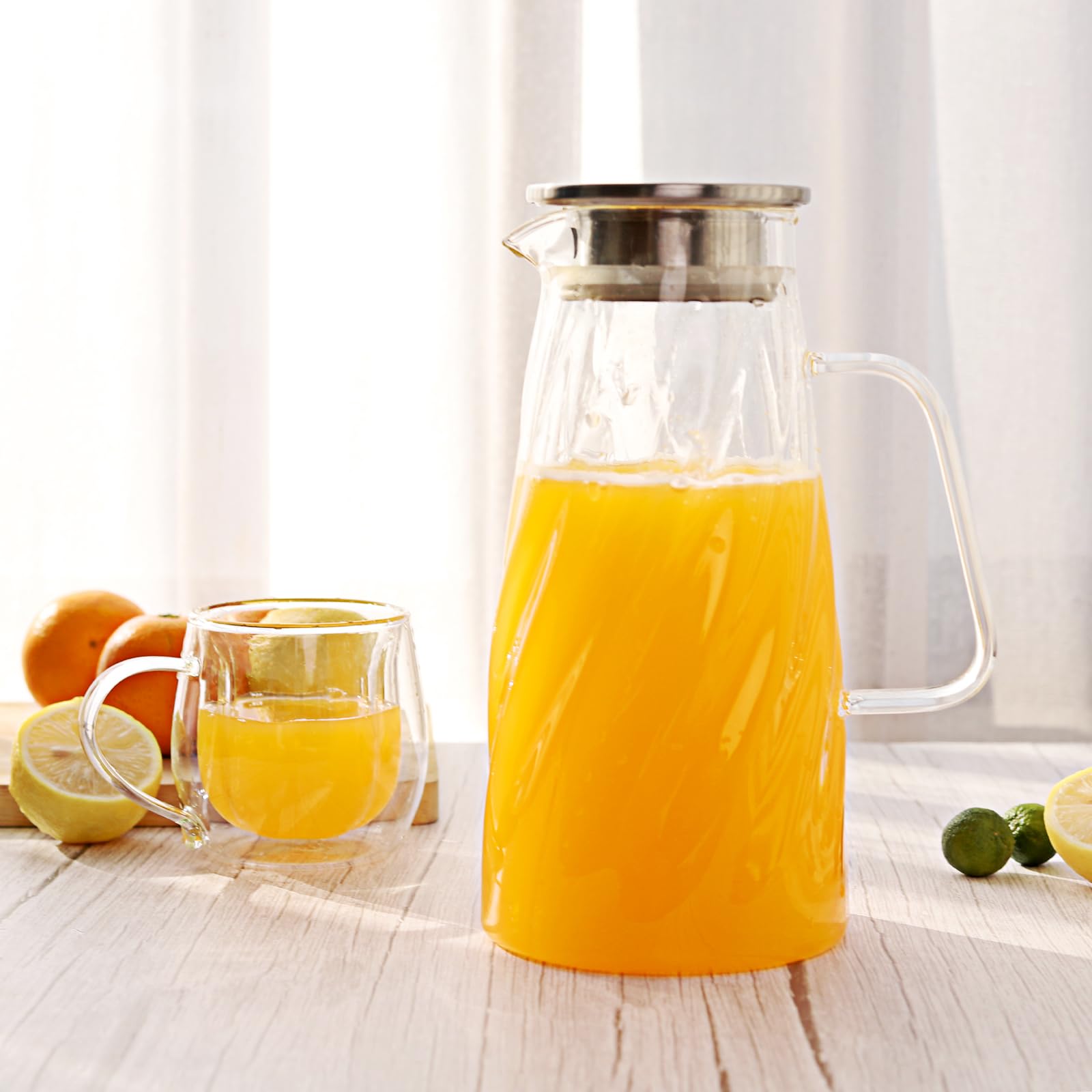 VEVOK CHEF 57 oz Glass Pitcher with Lid - 1.7L Iced Tea & Sun Tea Pitcher - BPA-Free Beverage Carafe for Hot/Cold Drinks, Juice, Milk, Water - Perfect for Refrigerator, Parties, and Outdoor Gatherings