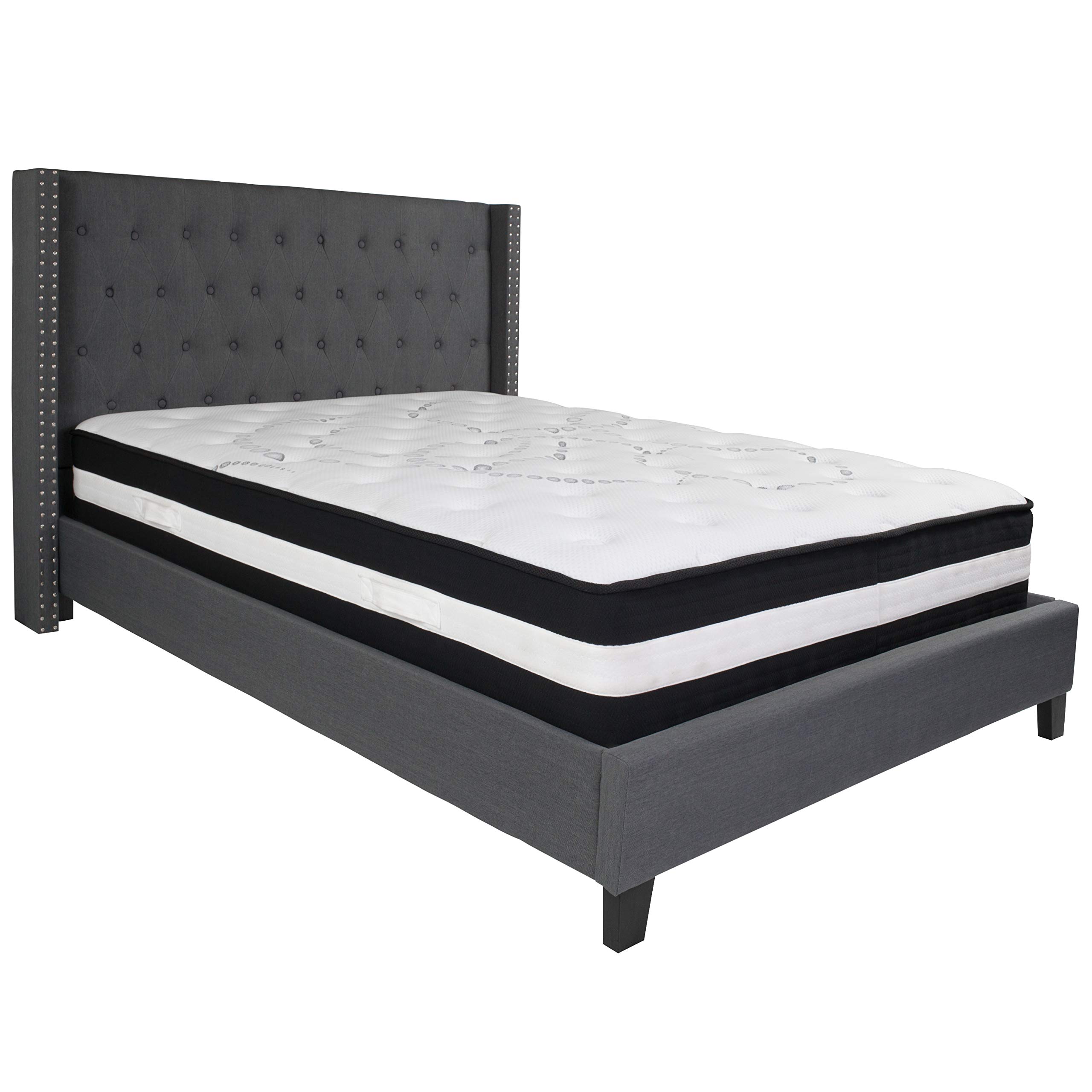 Dark Gray Fabric Queen Size Accent Extended Panel Platform Bed Frame with Mattress Foundation - Perfect for Modern Bedrooms, Guest Rooms & Master Suites