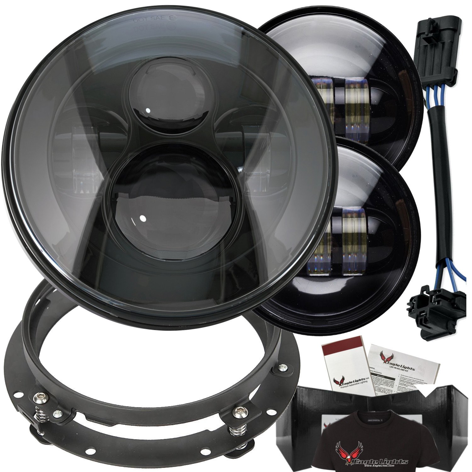 7 Inch Round LED Headlight Kit for Harley Motorcycles - Eagle Lights with Spot Lights, Adapter Ring & Plug - Black | High Visibility Night Riding, Off-Road Adventure & Custom Bike Upgrade