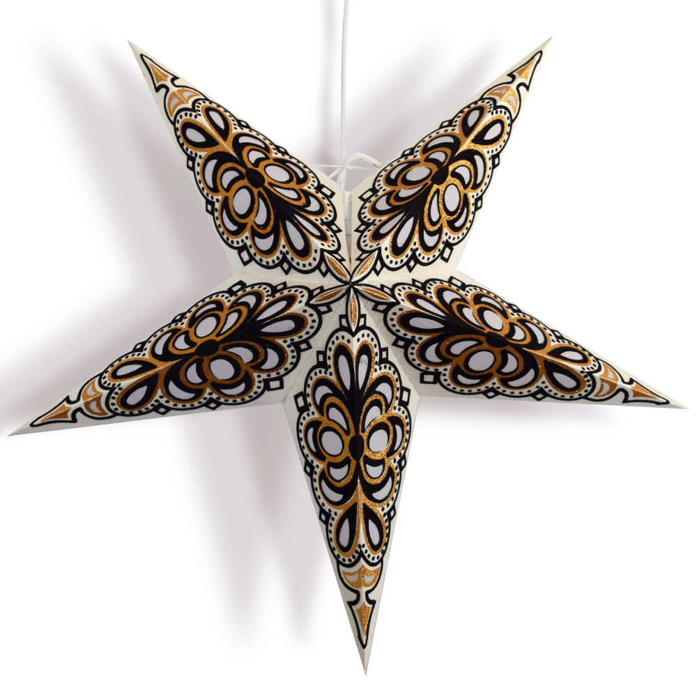 24 Pack White & Black Merry Gold Paper Star Lanterns - Elegant Hanging Decor for Weddings, Parties, Baby Showers & Home Celebration - Perfect for Indoor/Outdoor Festive Decorations