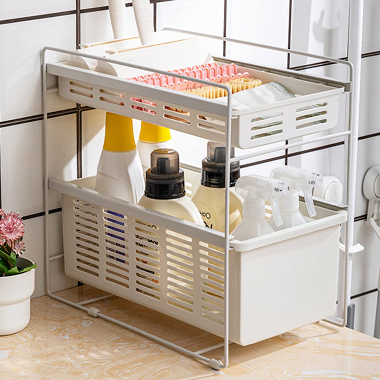 Under Sink Organizer with Sliding Drawer - 2 Tier Stackable Bathroom & Kitchen Storage Rack - Space Saving Cabinet Organizer for Bathroom Counter, Kitchen Sink, Office & Toilet Storage Needs