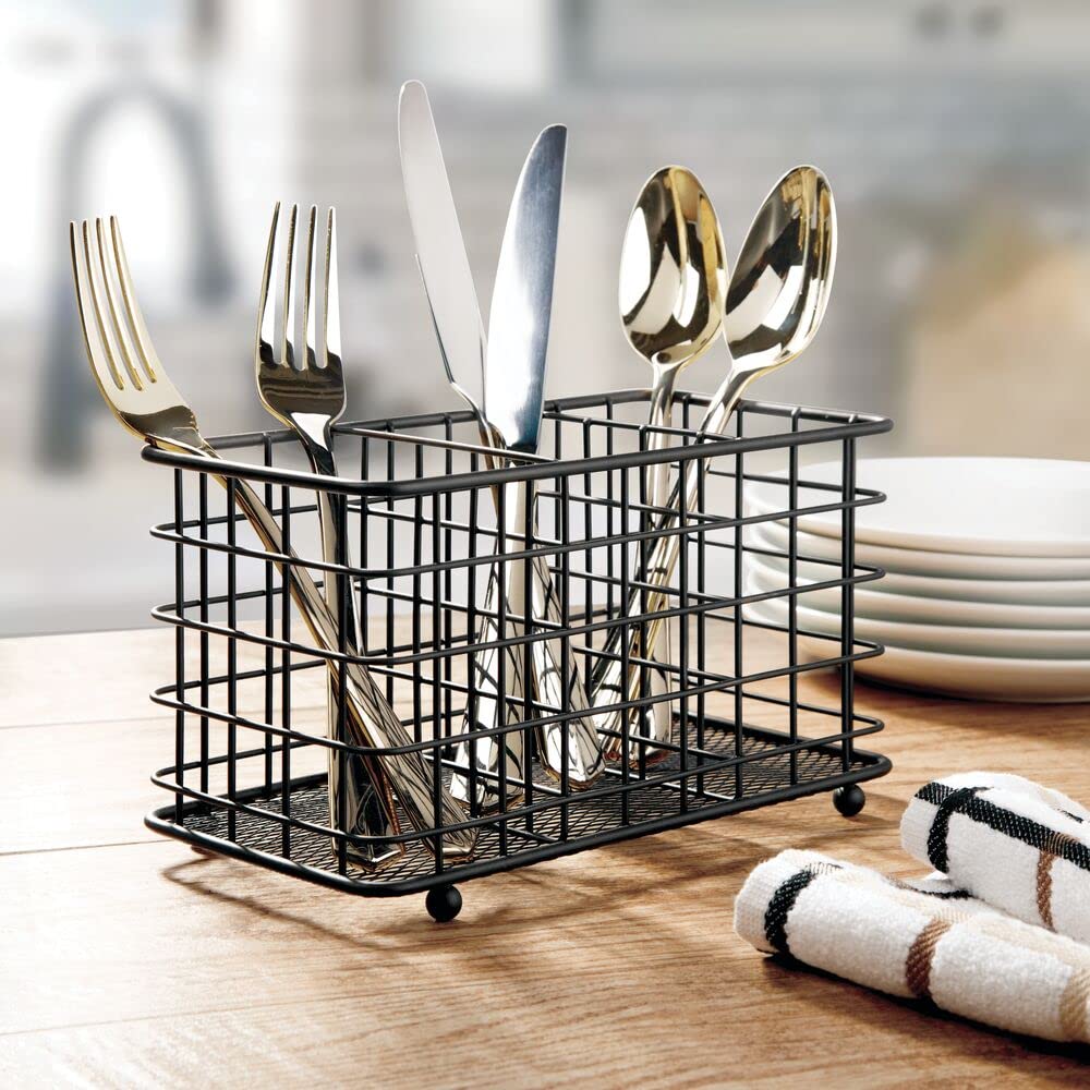 Modern Farmhouse Metal Wire Cutlery Organizer - 3-Section Kitchen Utensil Caddy for Forks, Knives & Spoons - Countertop & Pantry Storage Bin - Perfect for Dining Table, Kitchen Island and Buffet Organization - Black