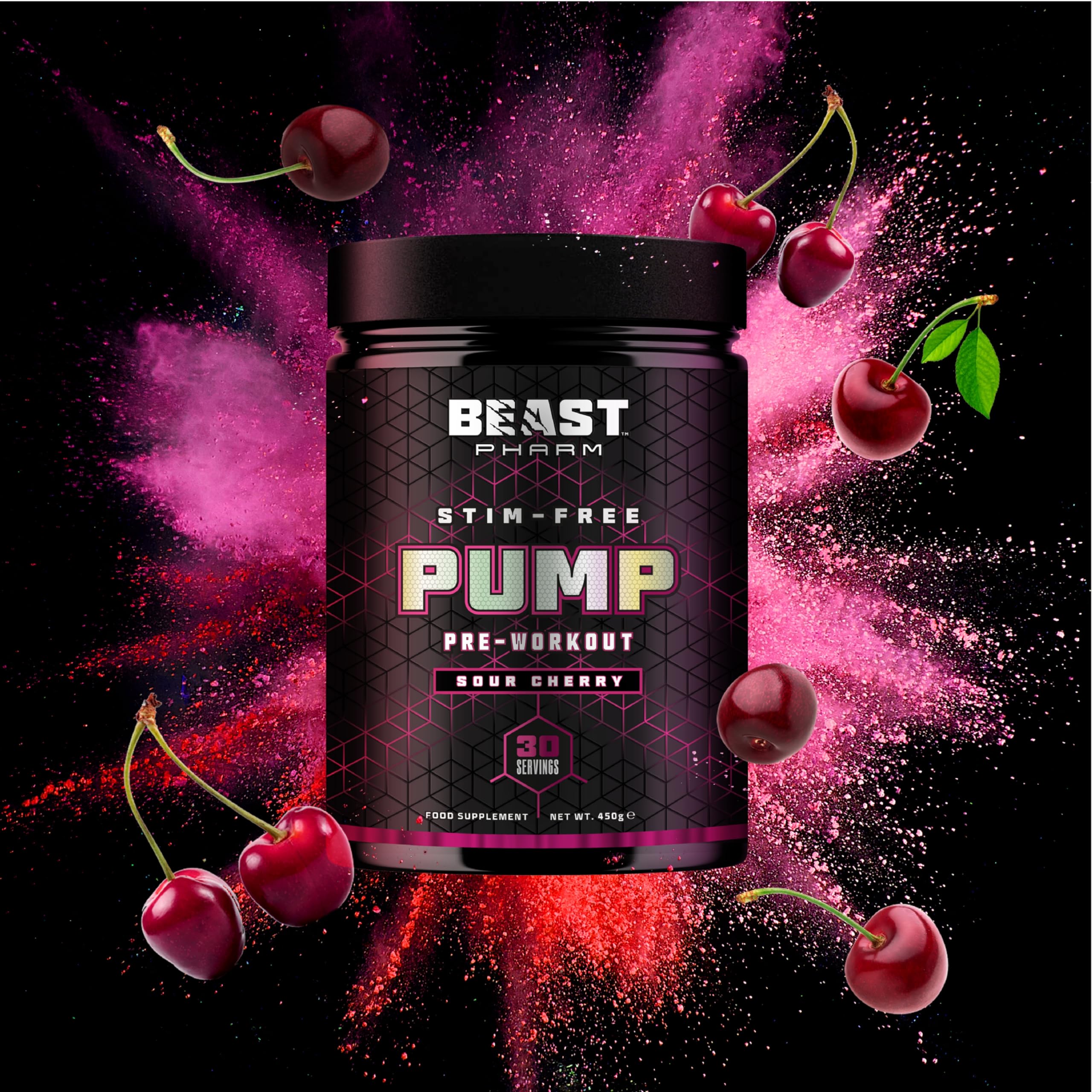 Beast Pharm STIM FREE PUMP Pre Workout Powder 450g - Sour Cherry Flavor | Nitric Oxide Booster for Muscle Pumps & Endurance | Ideal for Gym, Bodybuilding & Fitness Training