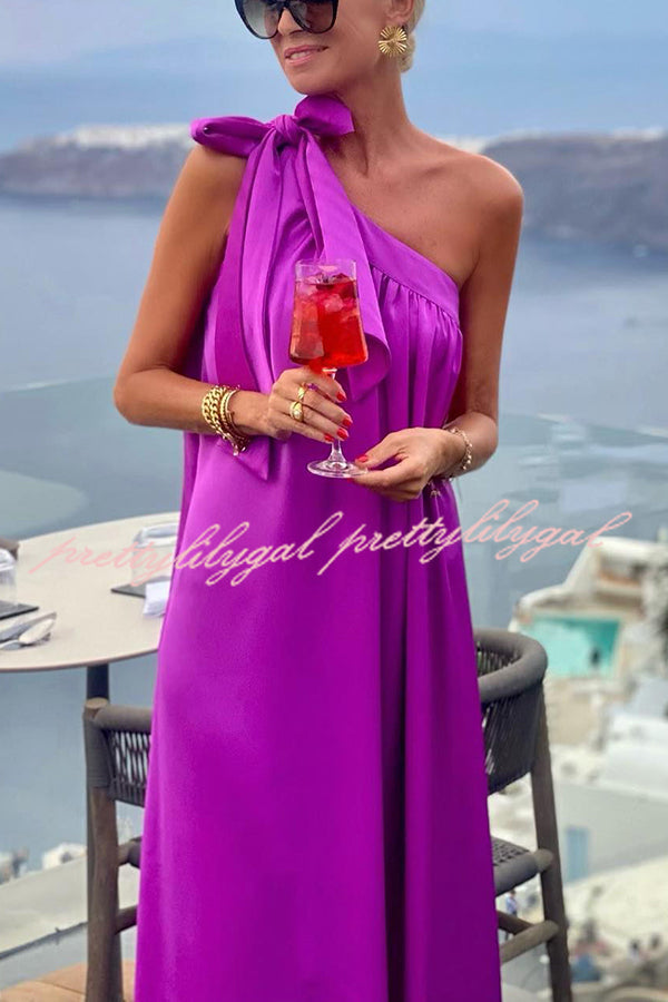 Elegant Satin One Shoulder Bow Detail Loose Maxi Dress for Women - Perfect for Beach Parties, Summer Vacations & Boho Weddings