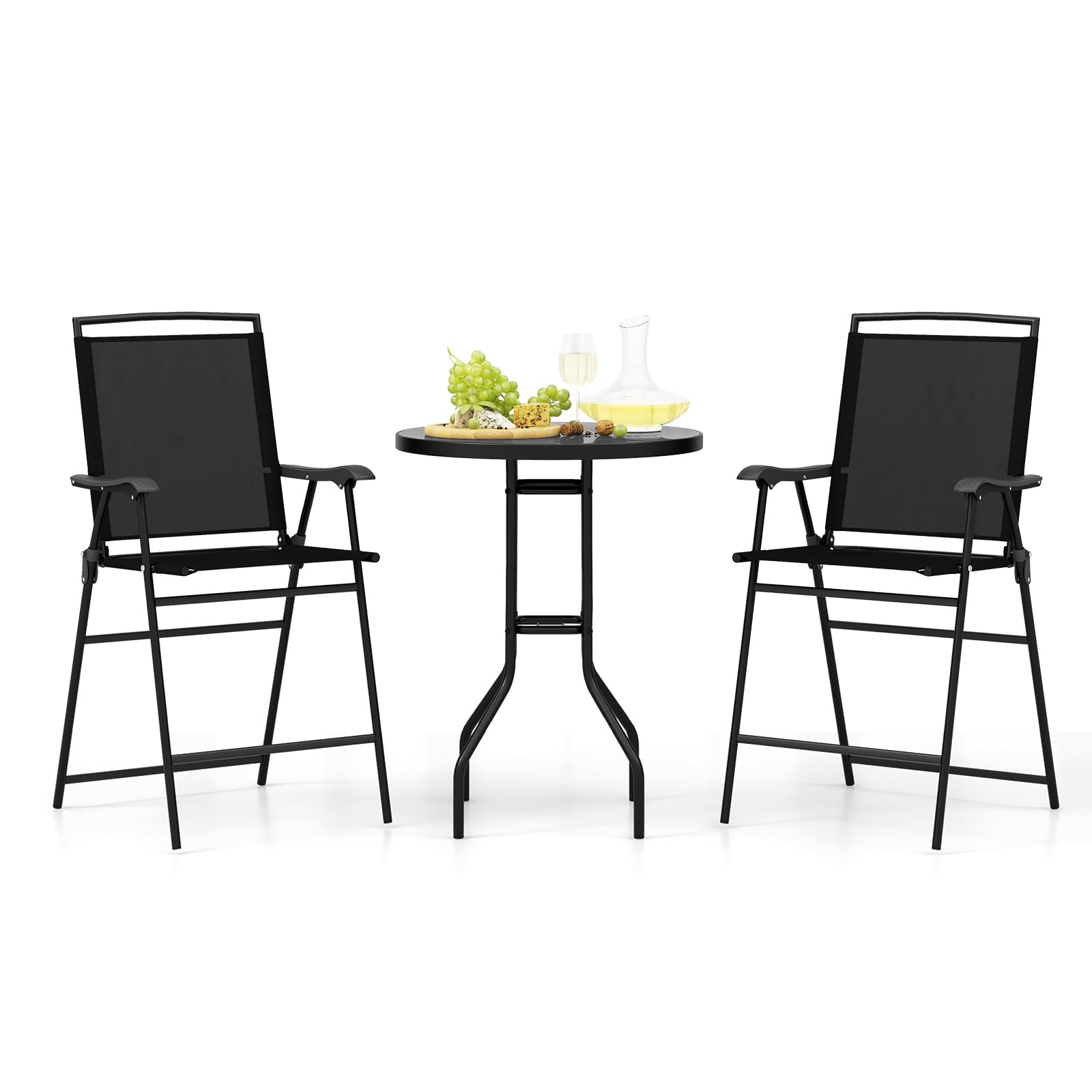 COSTWAY 3-Piece Outdoor Bistro Set with DPC Tabletop & Umbrella Hole - Round Patio Table & 2 Folding Bar Stools - Perfect for Poolside, Deck, Porch, Garden or Backyard Dining - Black