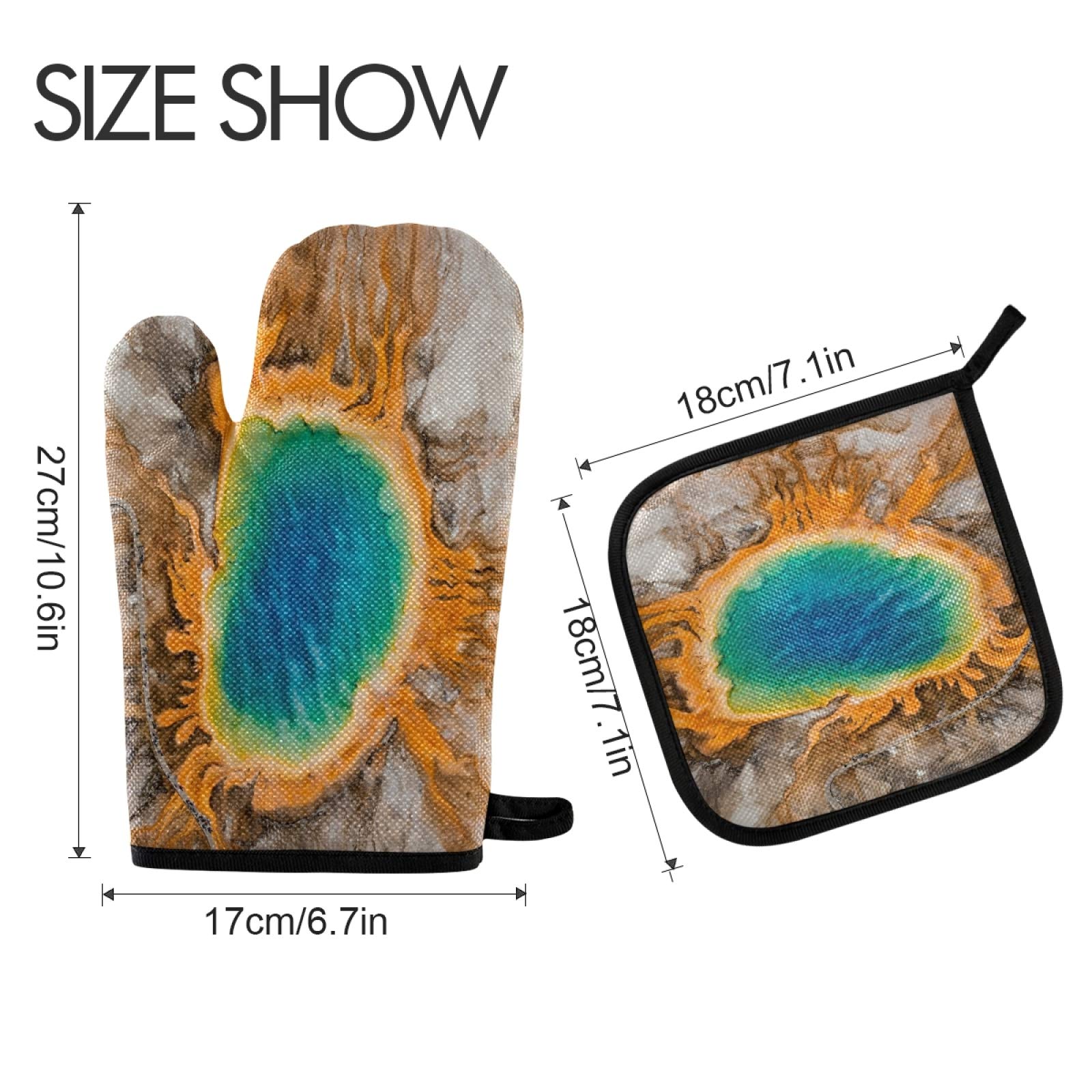 QUGRL Heat Resistant Oven Mitts & Pot Holders Set - Yellowstone National Park Inspired Grand Prismatic Spring Design - Kitchen Cooking Gloves for Baking, BBQ & Handling Hot Cookware - Perfect for Grilling, Baking & Everyday Kitchen Use