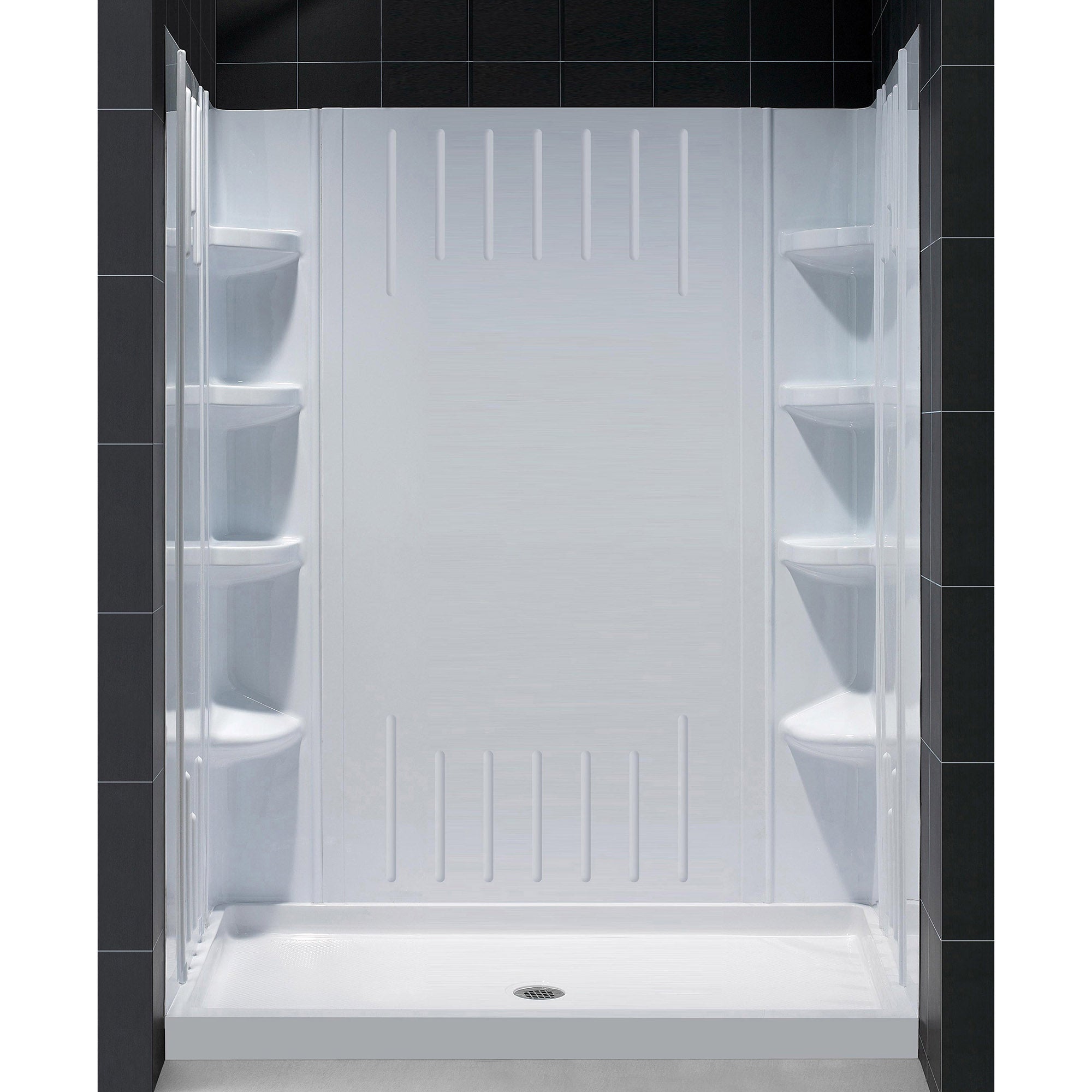DreamLine 32x60x75.6 Inch Center Drain Acrylic Shower Base with QWALL 3 Backwall Kit in White – Perfect for Bathroom Remodeling & Modern Home Upgrades