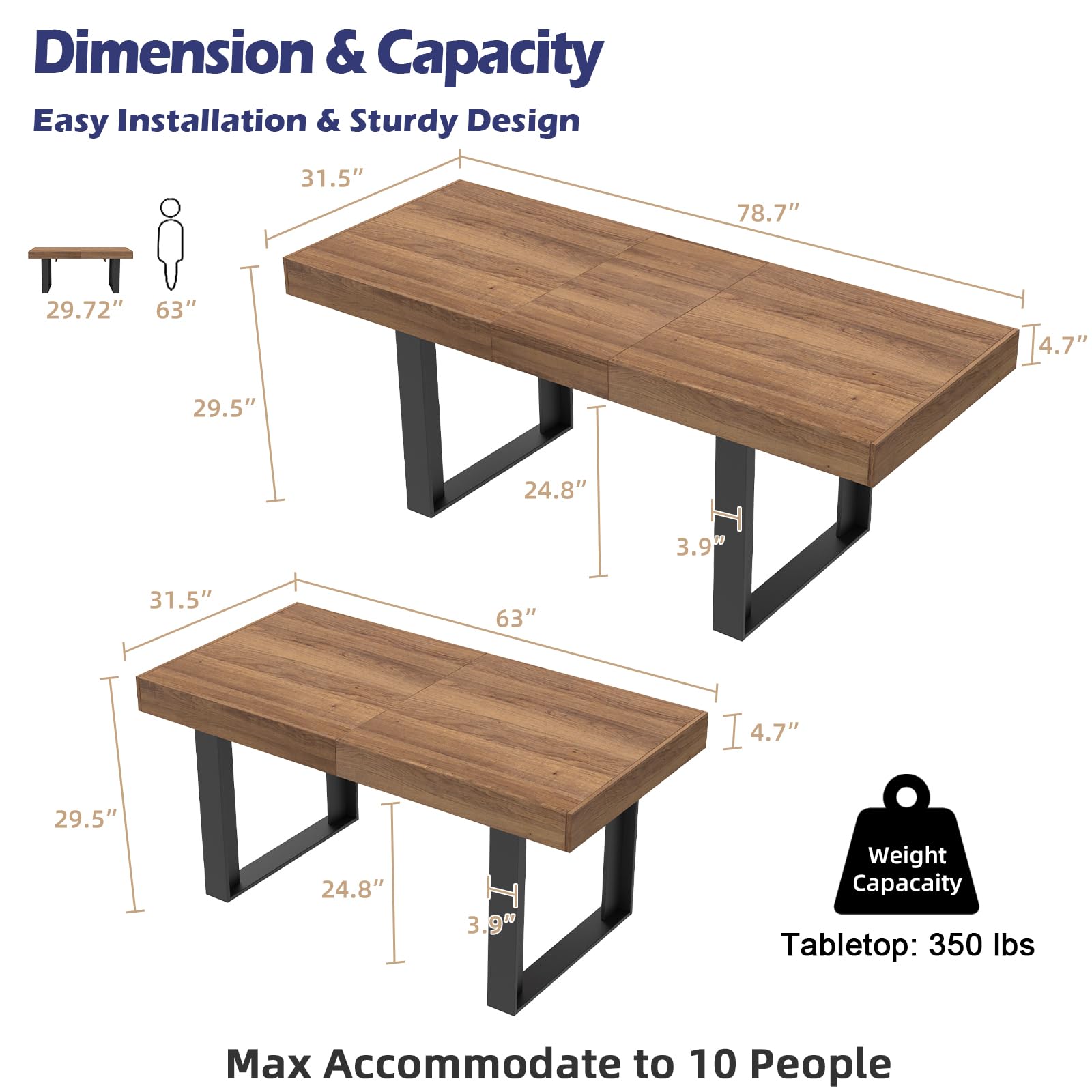 STHOUYN 63”-79” Extendable Dining Table - Solid Wood Modern Farmhouse Kitchen Table, Expandable to Seat 6-10 People, Large Conference & Family Dining Table in Walnut Brown - Perfect for Dinner Parties, Home Offices & Small Business Meetings