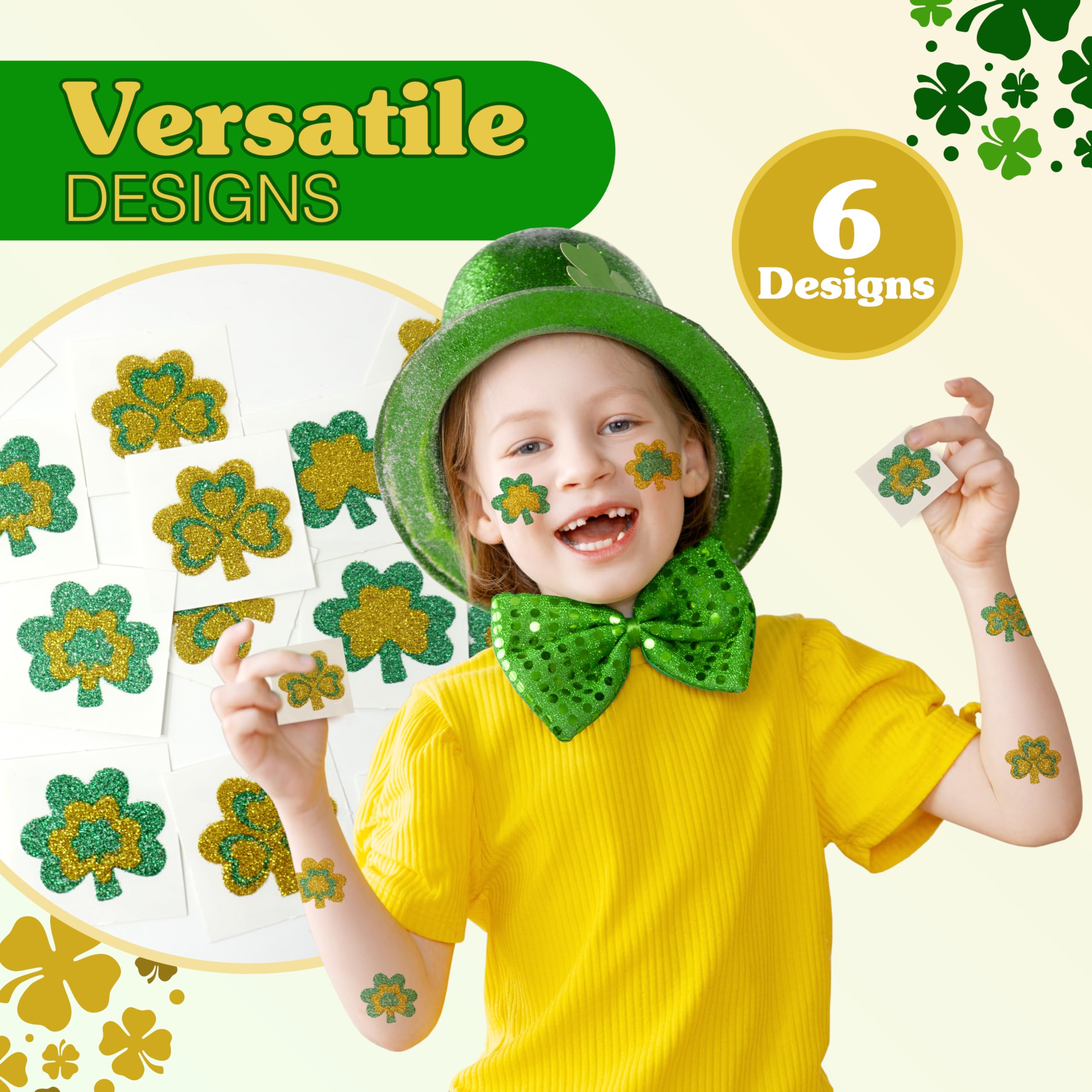 4E's Novelty Shamrock Temporary Tattoos - 24 Pack Glitter St. Patrick's Day Tattoos for Kids & Adults | Irish Party Favors, Face & Body Art | Perfect for Festivals, Parades & Themed Events