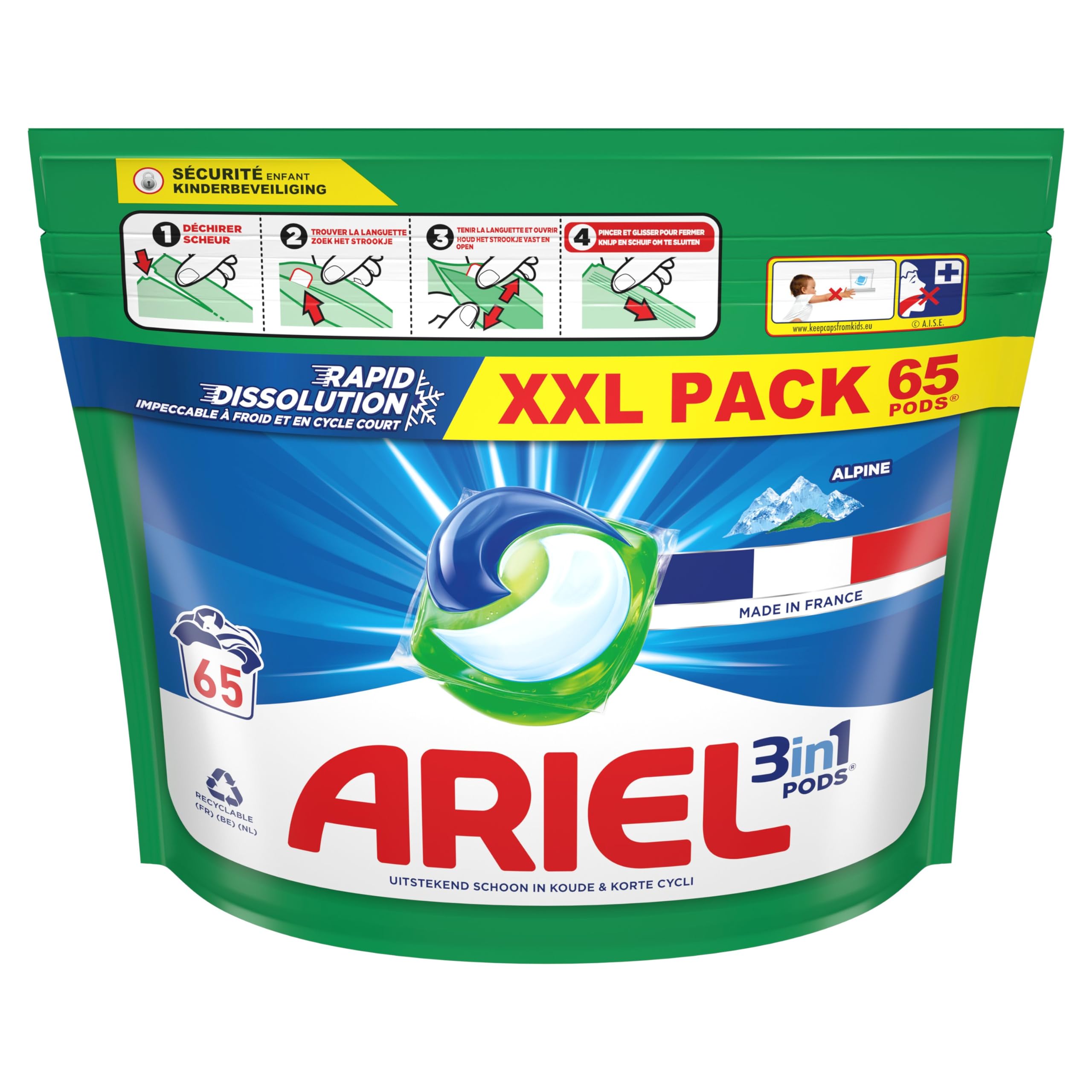Ariel 3-in-1 Laundry Detergent Pods, 65 Count, Alpine Fresh Scent, Fast Dissolving, Works in Cold & Short Cycles - Perfect for Travel, Apartments & Quick Loads