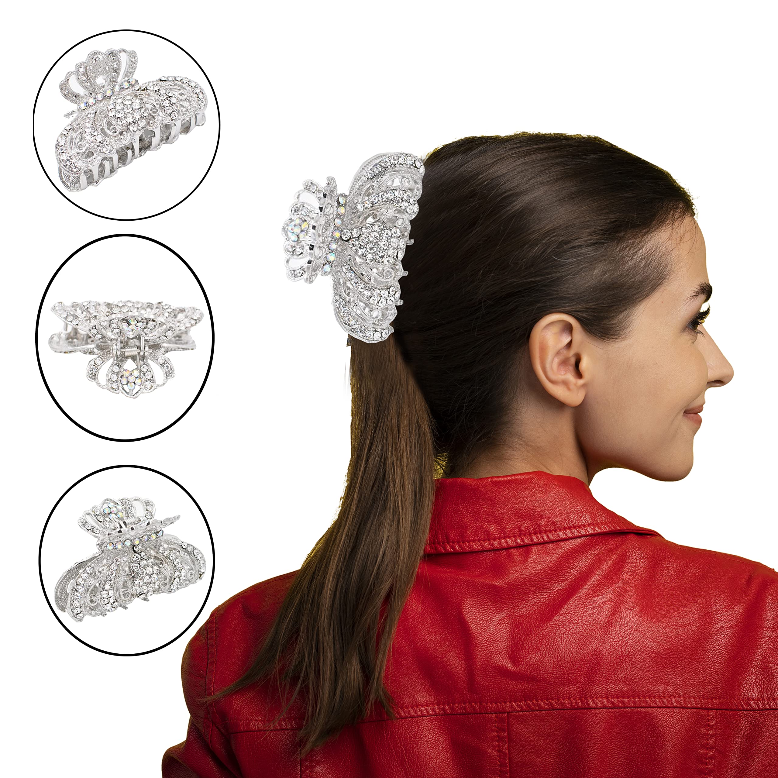 Antique Silver Plated Crystal Rhinestone Hair Clips for Women - Large Non-Slip Hair Claw Clips for Thin & Thick Hair - Elegant Hair Accessories for Parties, Weddings & Everyday Styling