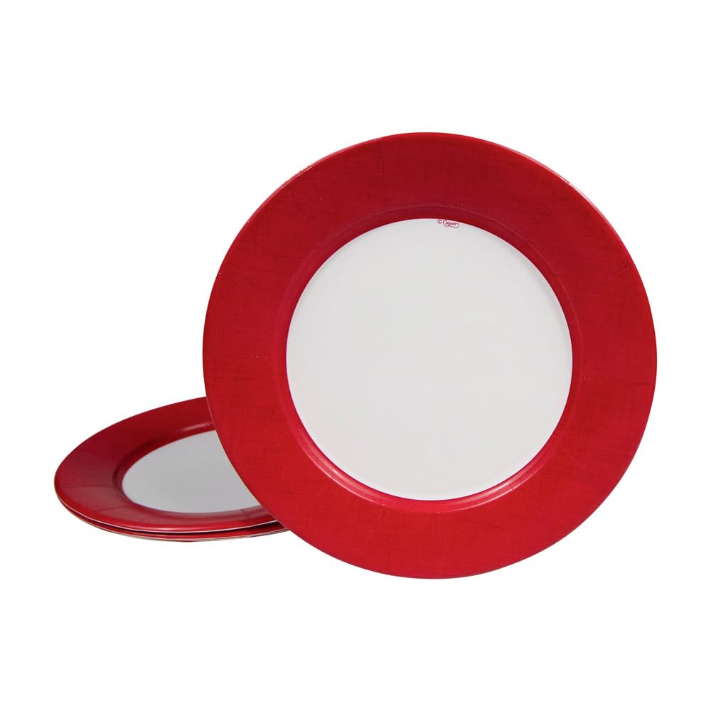 Caspari Red Linen Border Paper Dinner Plates - Set of 16 | Elegant Disposable Plates for Parties, Weddings & Holiday Dining