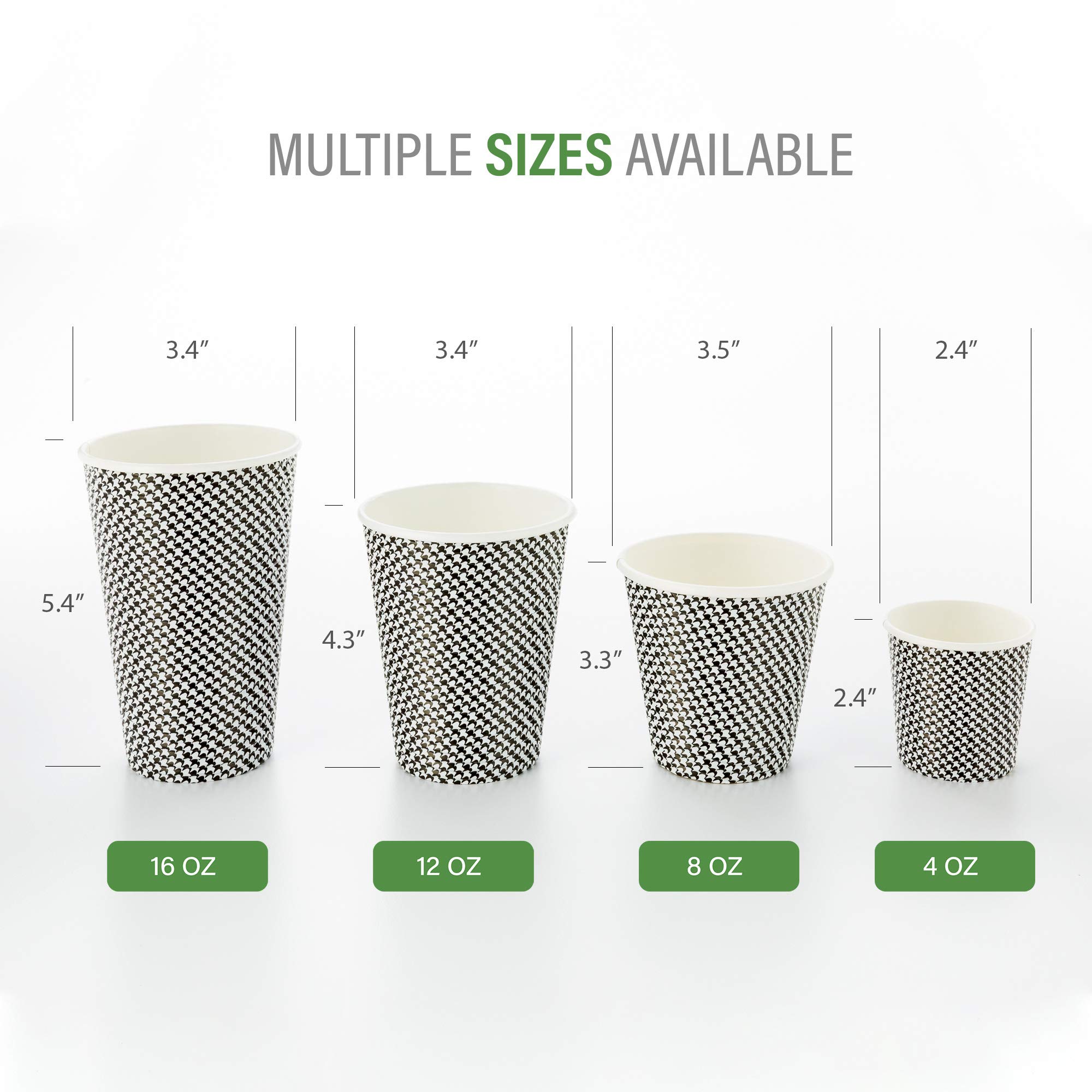 Restaurantware 12oz Disposable Coffee Cups - 500 Pack Spiral Wall Hot Paper Cups with Houndstooth Print for Coffee, Tea & Beverages | Insulated Design, Rolled Rim (Lids Sold Separately) | Perfect for Cafés, Offices & Catering Events