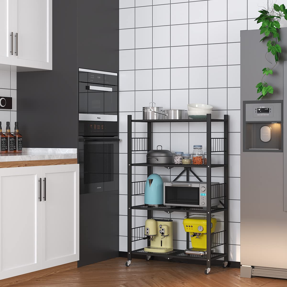 5-Tier Metal Folding Storage Shelves with Wheels - Heavy Duty Collapsible Shelving Unit for Garage, Kitchen, Pantry & Closet Organization - No Assembly Rolling Shelf Rack