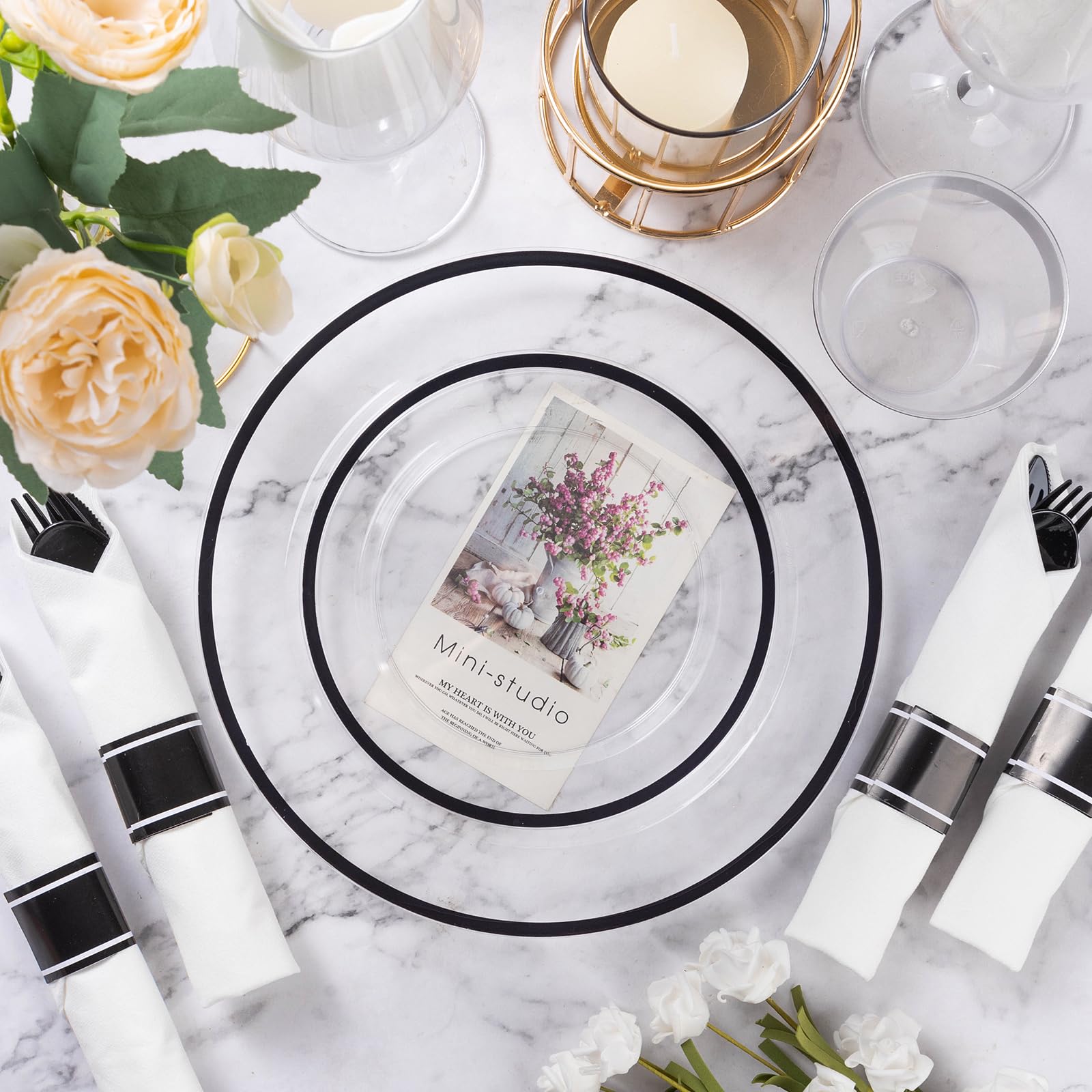 Goodluck 350-Piece Black Plastic Dinnerware Set for Party - Disposable Plates, Cups & Cutlery for 50 Guests (50 Dinner Plates, 50 Dessert Plates, 50 Pre-Rolled Napkins, 50 Cups) - Perfect for Birthday Parties, BBQs, Picnics & Catering Events