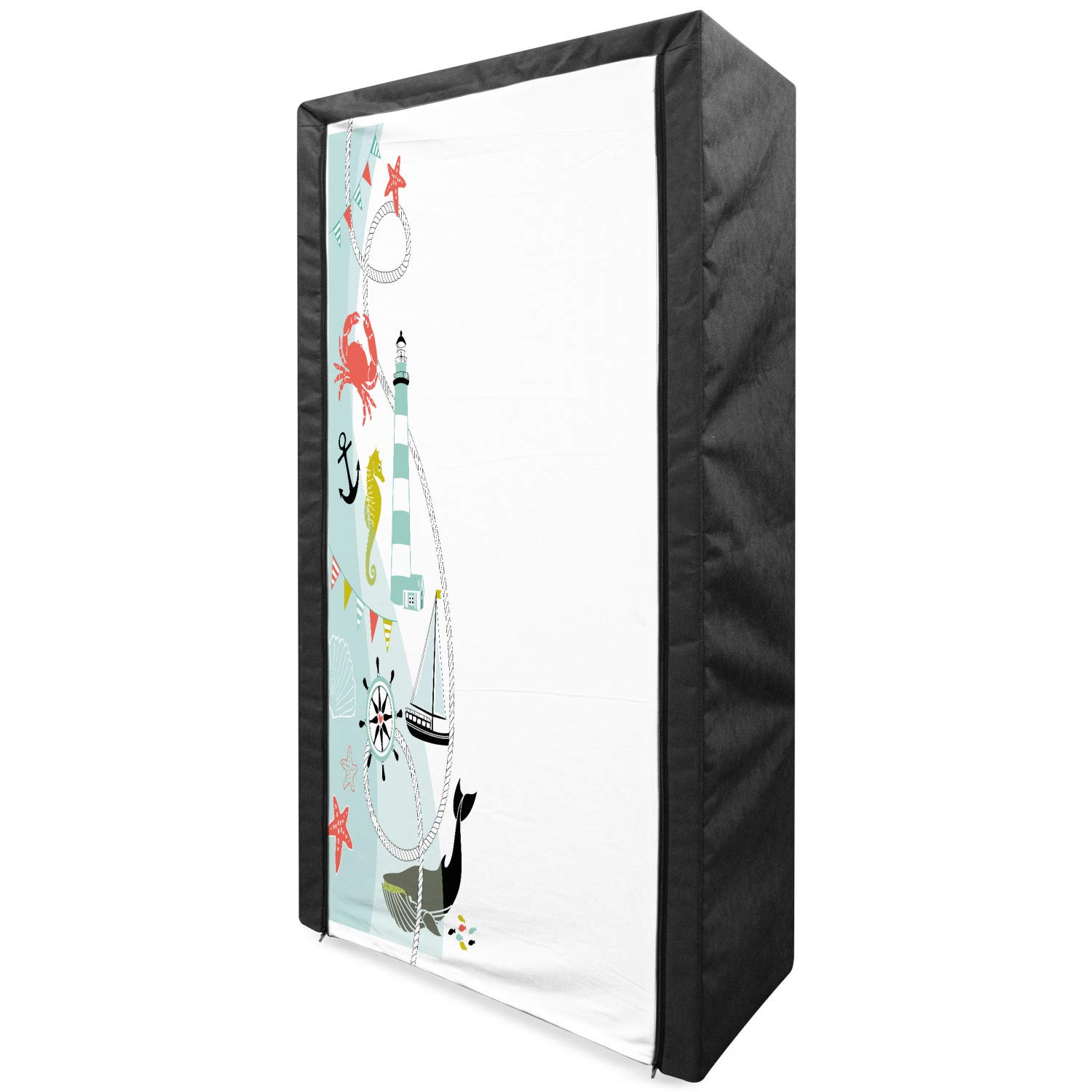 Ambesonne Nautical Fabric Wardrobe Closet - 33.5 Inch Portable Clothing Organizer with Shelves, Maritime Design Featuring Whales, Anchors & Lighthouses - Multicolor Storage Solution for Bedroom, Dorm or Travel