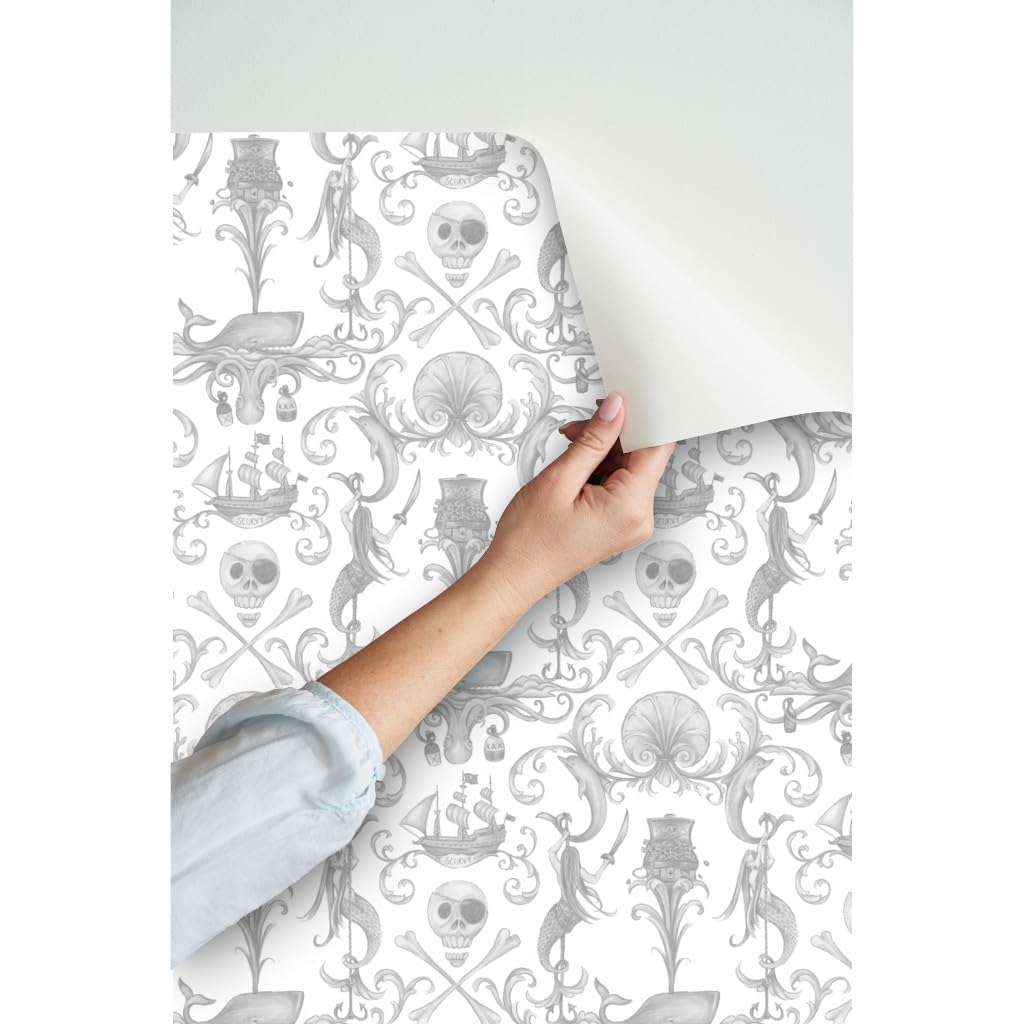 Peel & Stick Removable Wallpaper Swatch - Antique Gray Shell Octopus Nautical Mermaid Whale Pirate Nursery Decor | Self-Adhesive Wallpaper Samples by Spoonflower | Perfect for Kids' Rooms, Bathrooms & Home Accent Walls